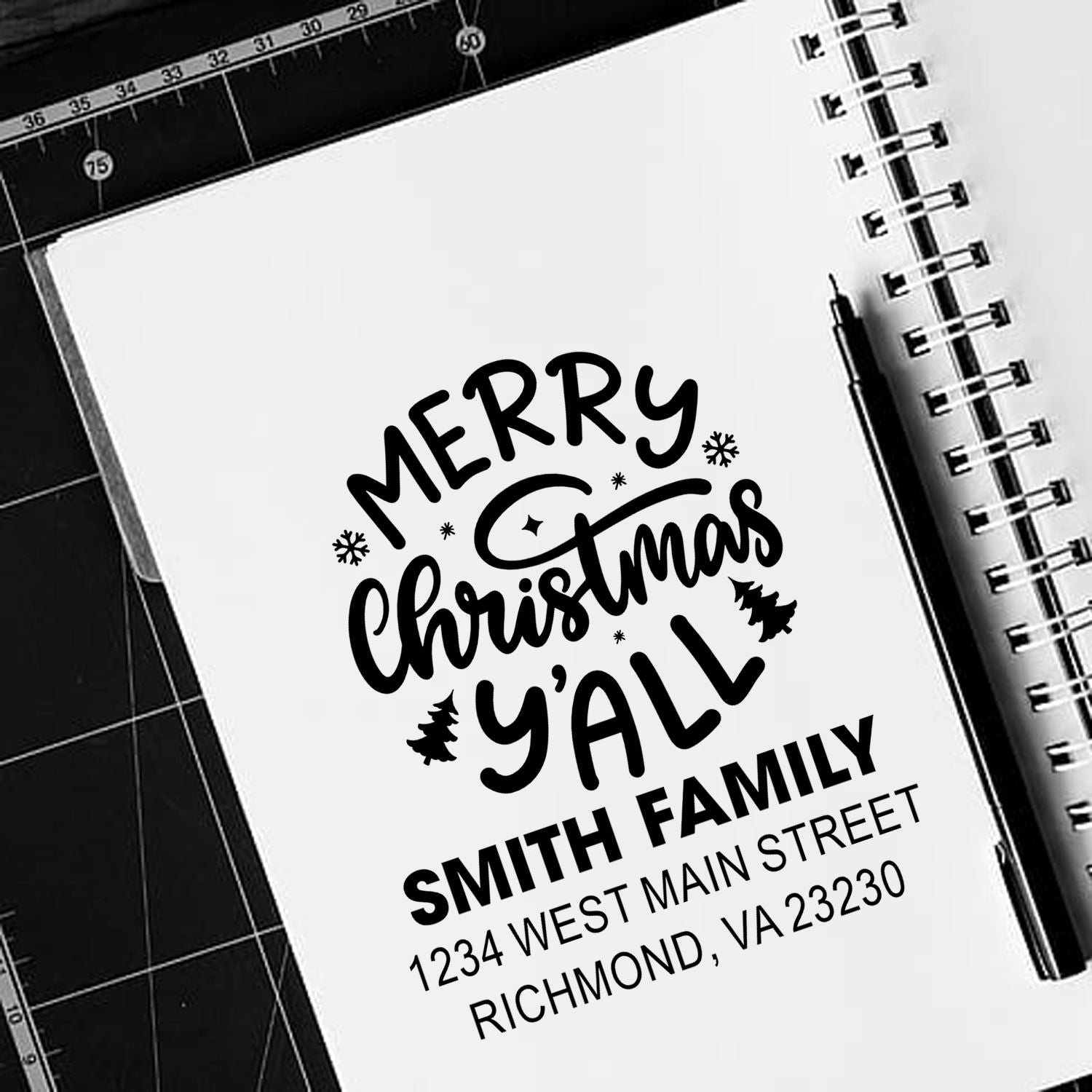 Personalized Merry Christmas Yall address rubber stamp for Smith family holiday cards and envelopes.