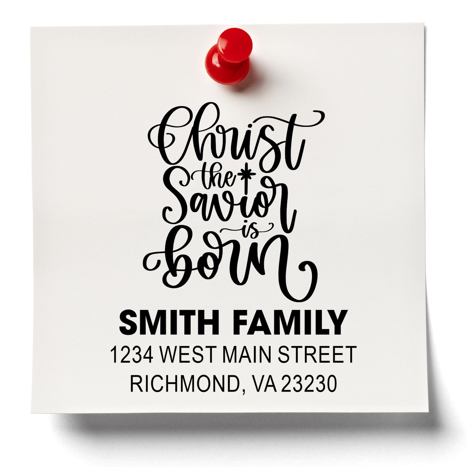Custom Christmas rubber stamp with Christ the Savior is Born and Smith family return address for holiday cards and envelopes.