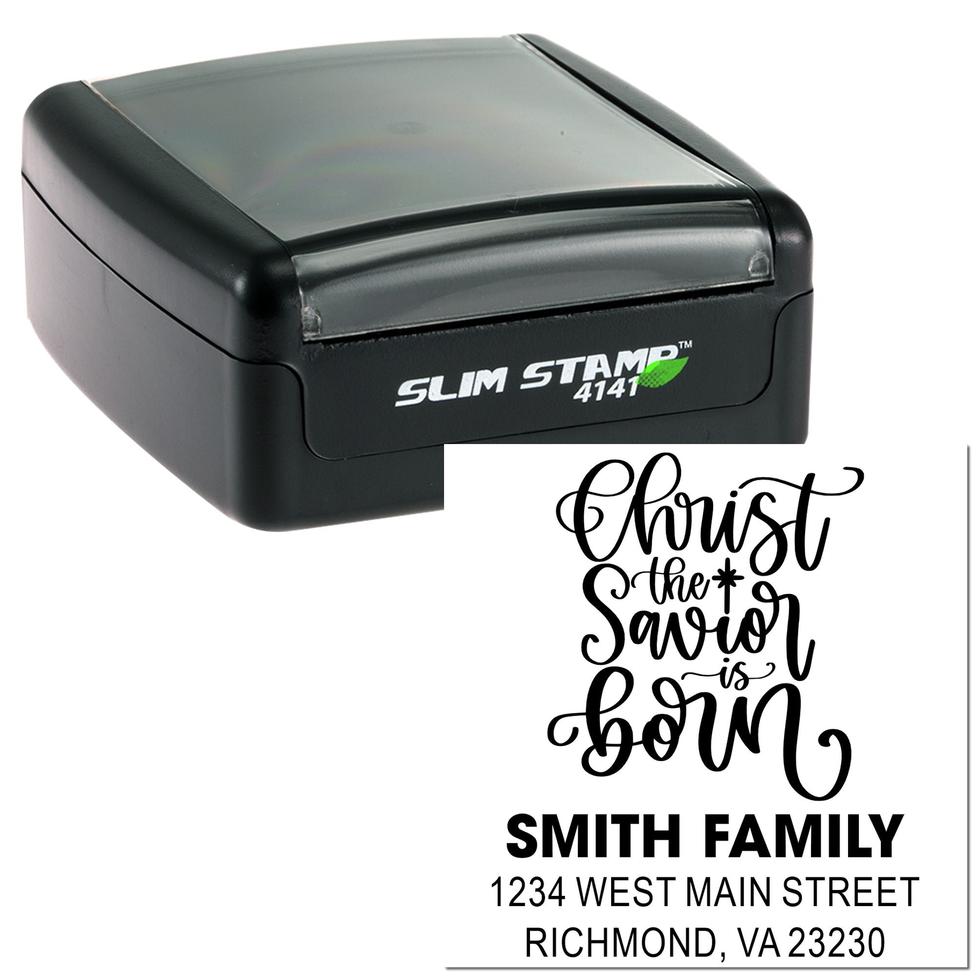 Custom self-inking rubber stamp with Christmas address imprint for Smith Family holiday cards.