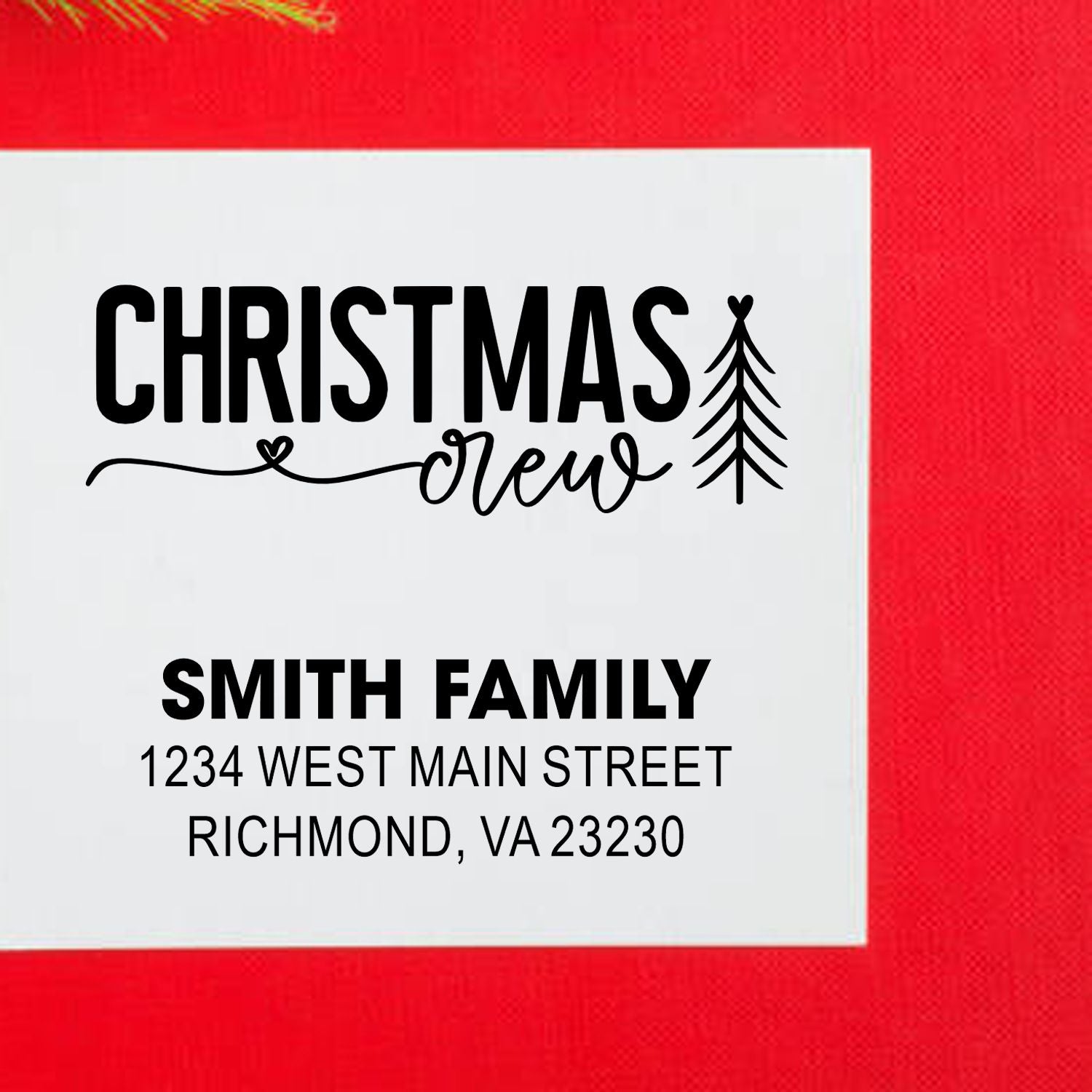 Custom Christmas Crew return address rubber stamp for Smith Family holiday cards, with Richmond, VA address.