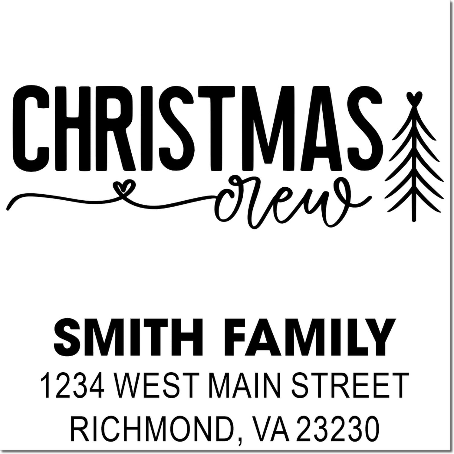 Custom rubber stamp designs for Christmas Crew and Smith Family address stamp, ideal for holiday cards and return mail.