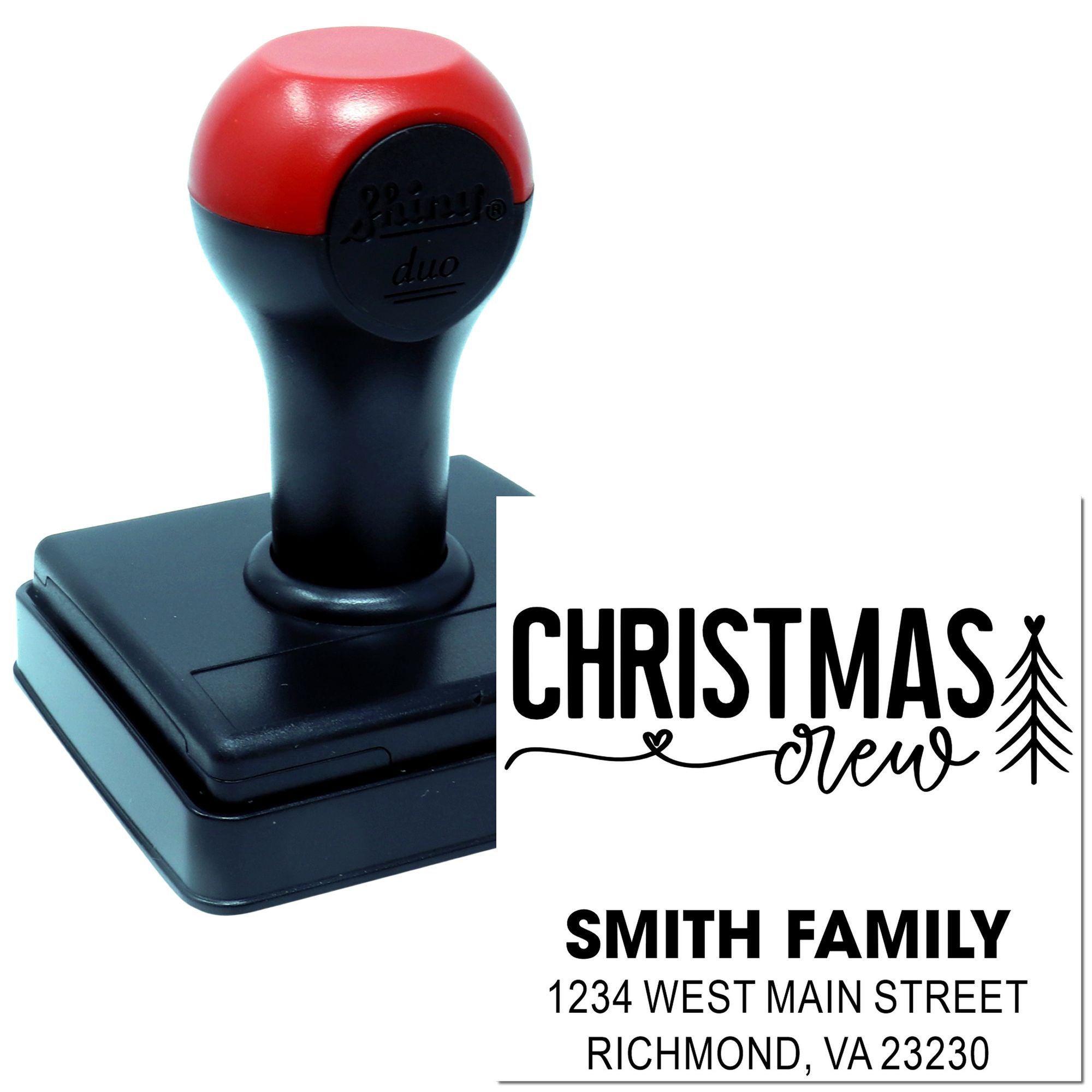 Custom Christmas return address rubber stamp, self-inking, with personalized "Christmas Crew" family name and address.
