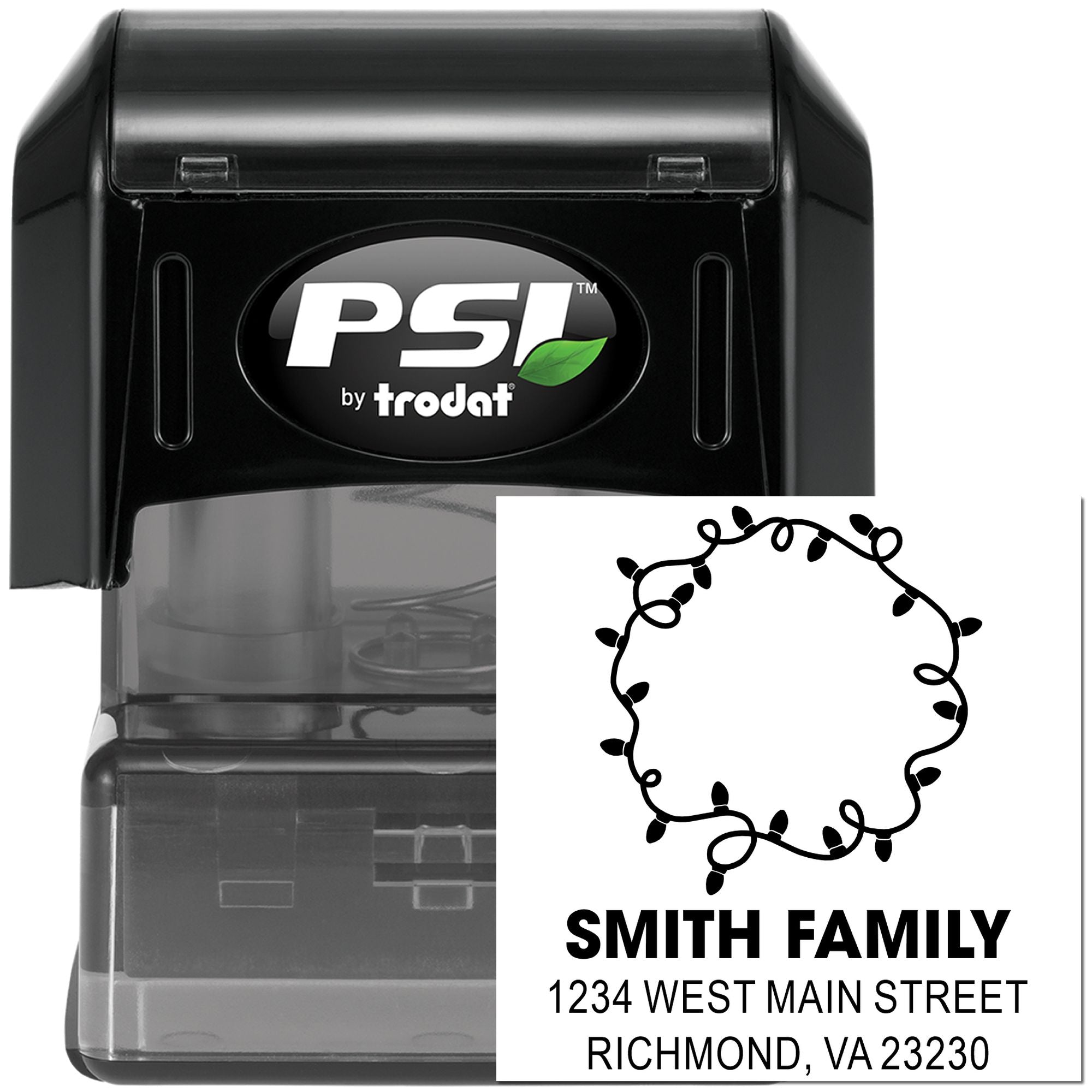 PSI by Trodat self-inking return address rubber stamp with Smith Family address and decorative wreath design