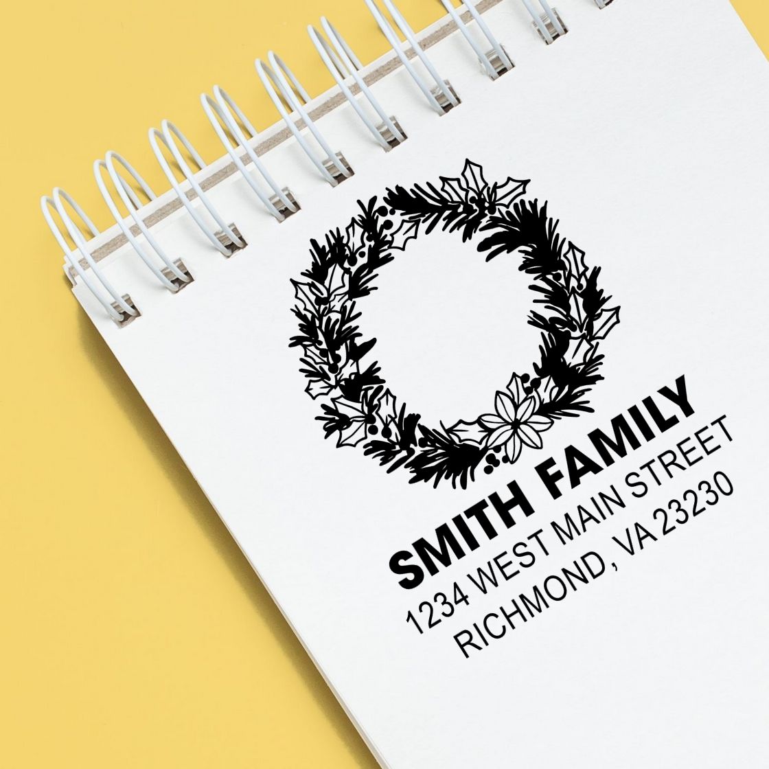 Custom holiday return address rubber stamp with wreath design for Smith Family, Richmond, VA 23230.