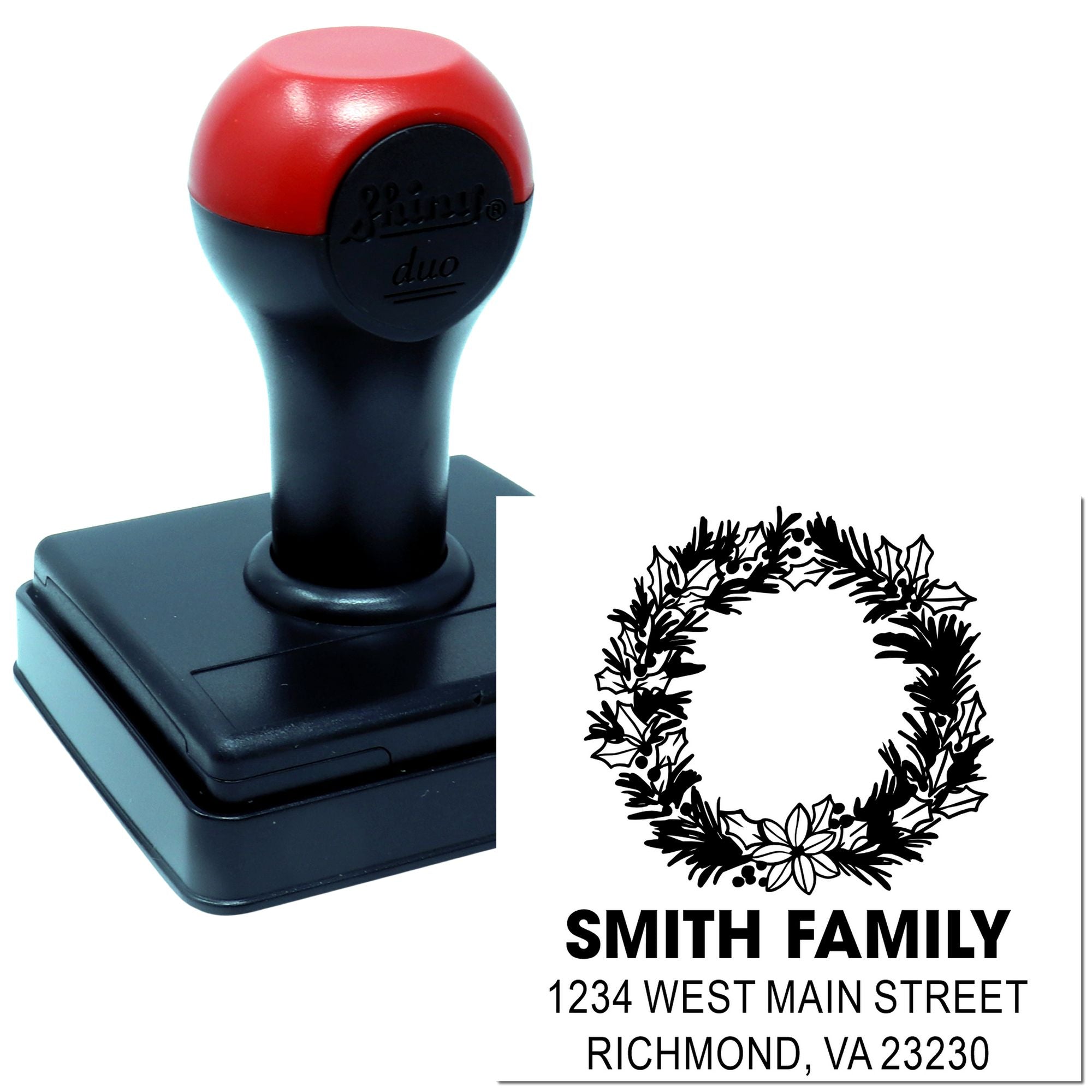 Custom self-inking rubber return address stamp with holiday wreath design for Smith Family, Richmond VA address.