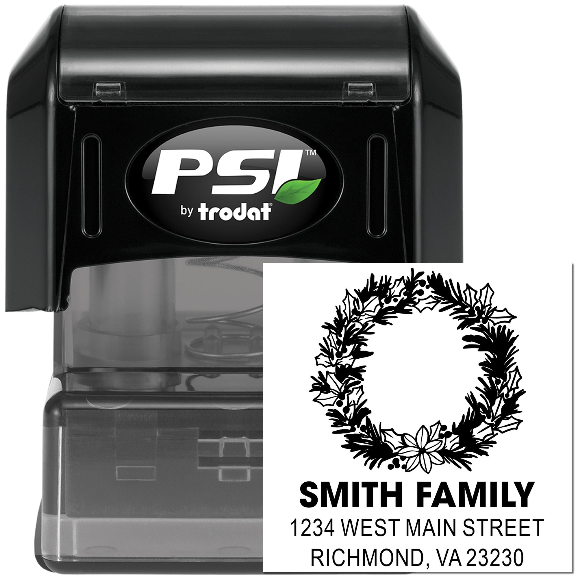 Custom self-inking address stamp with holiday wreath design, Smith Family name, and return address by PSI by Trodat.