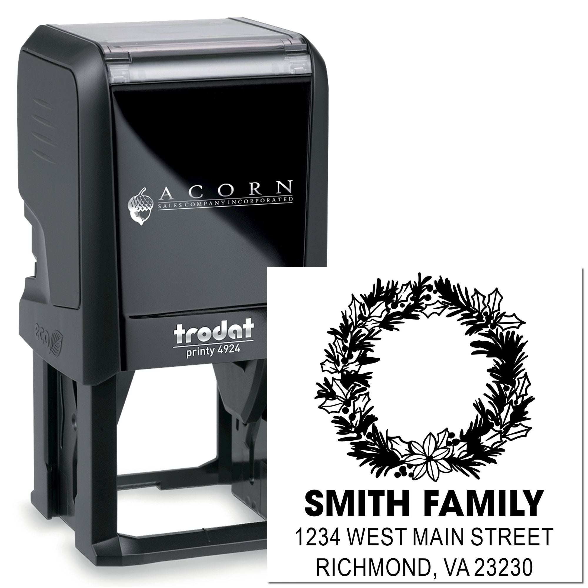 Custom self-inking rubber address stamp with holiday wreath design and Smith Family return address, Trodat Printy 4924