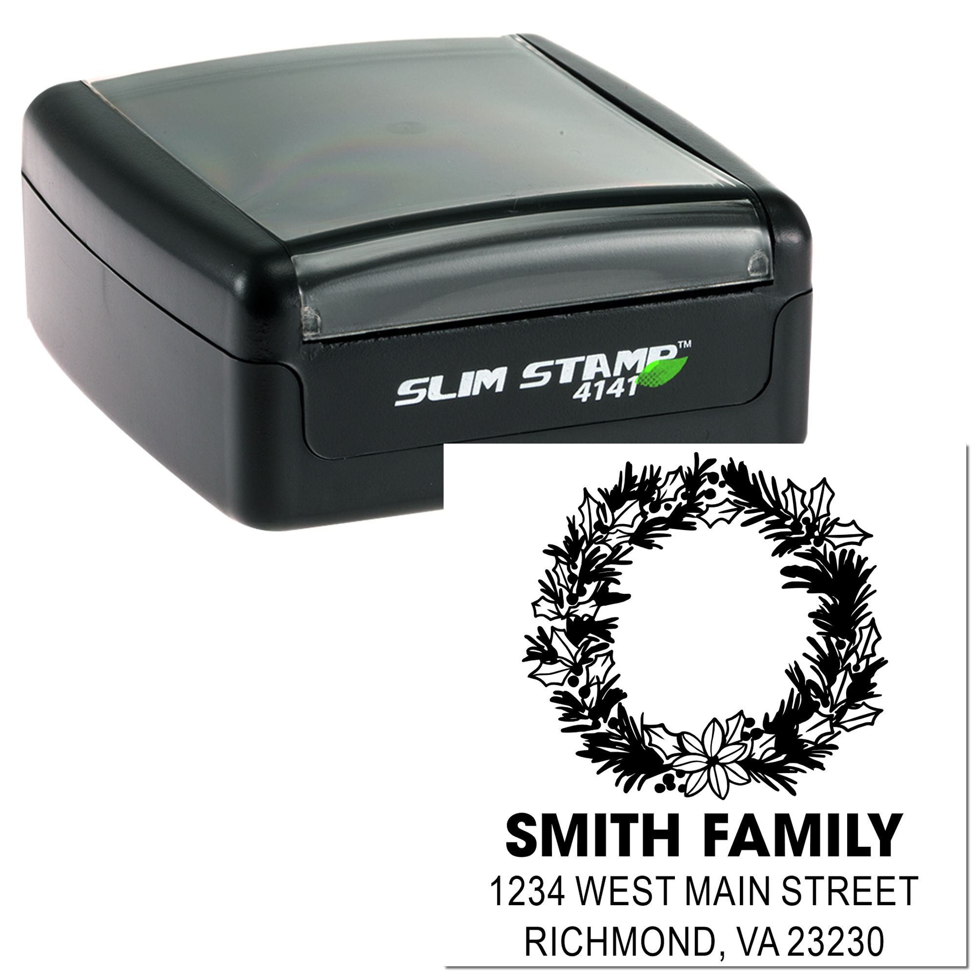 Custom self-inking rubber stamp return address stamp with holiday wreath design for Smith family mailing labels.