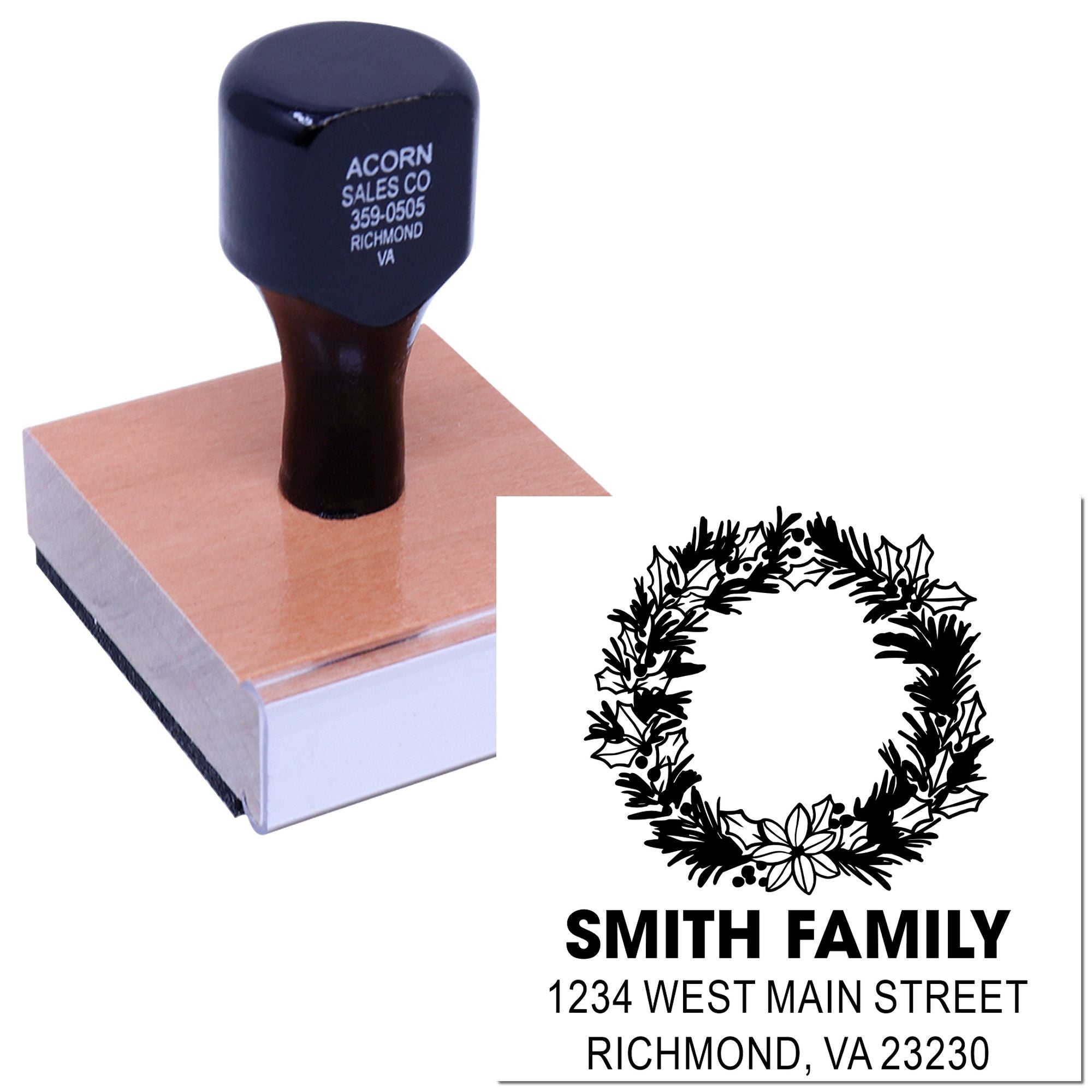 Personalized family address rubber stamp with holiday wreath design for cards, mailings, and packaging