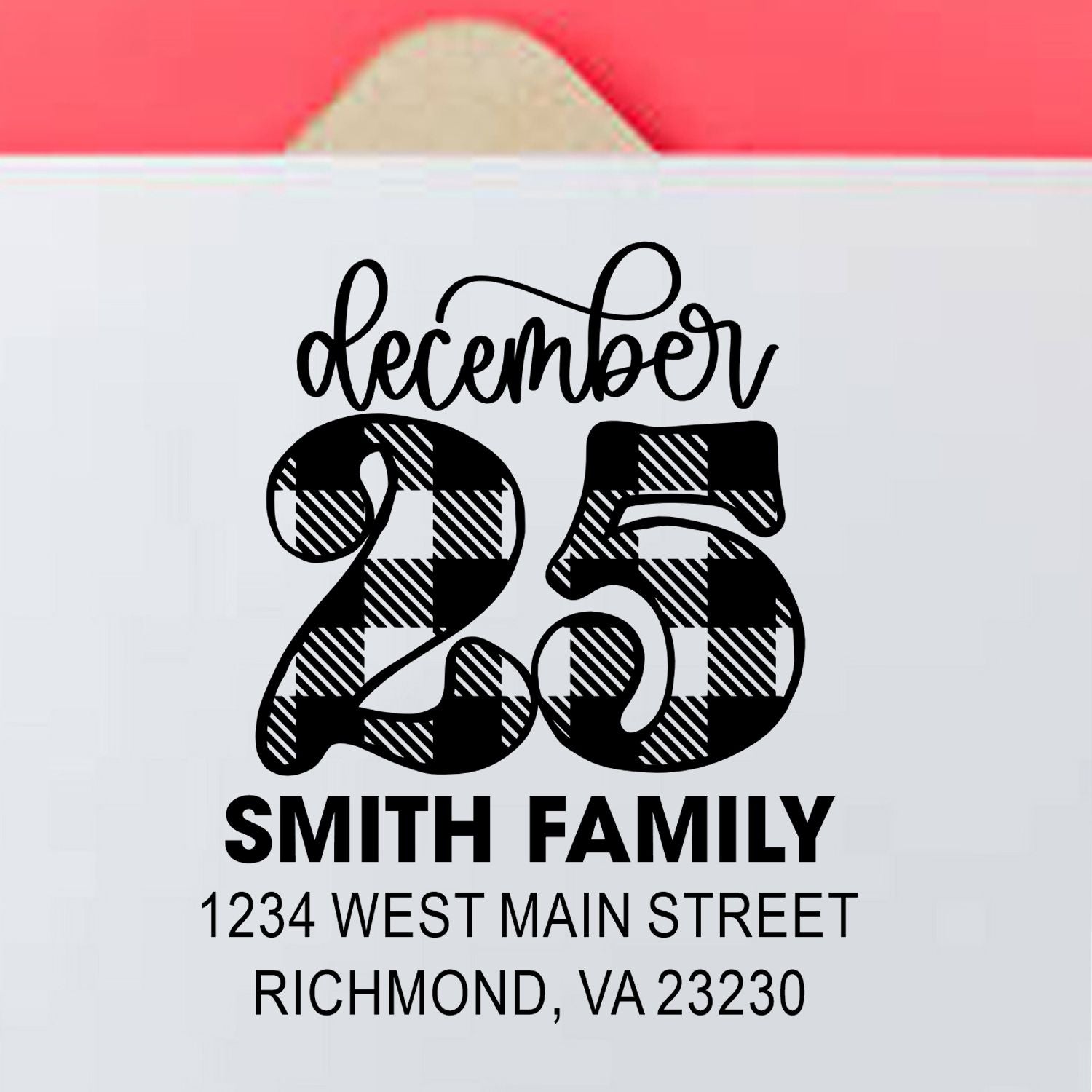 Custom holiday address rubber stamp with December 25 design, Smith family name, and Richmond, VA return address.