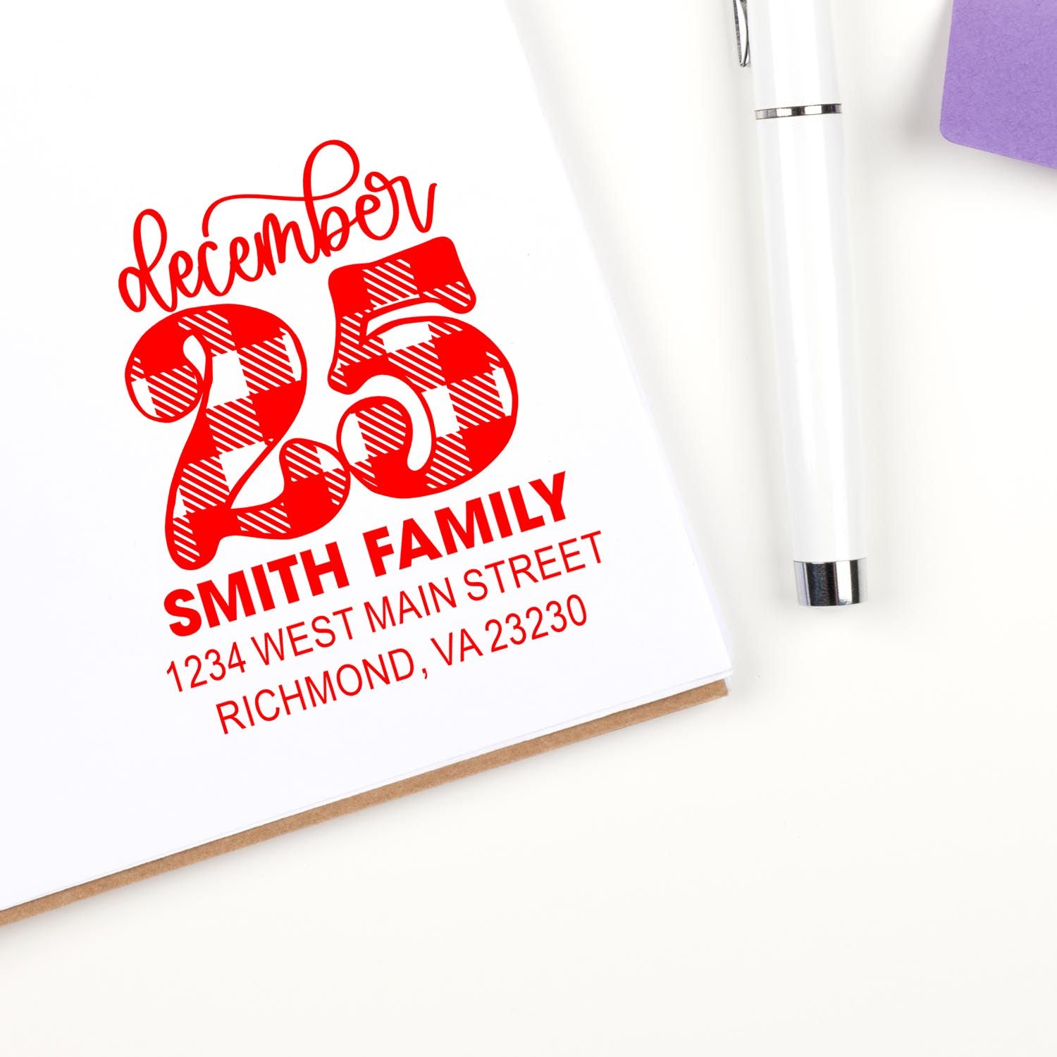 Custom December 25 Smith Family address rubber stamp with Richmond, VA return address for holiday cards