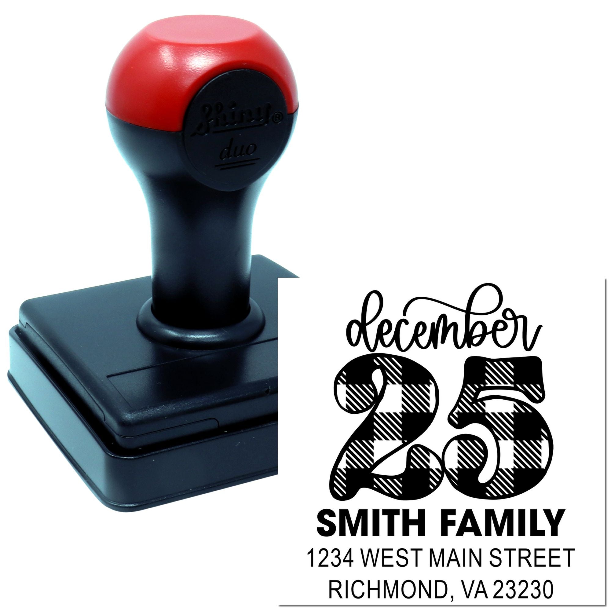 Custom self-inking rubber address stamp with December 25 Smith Family holiday design and Richmond, VA address.