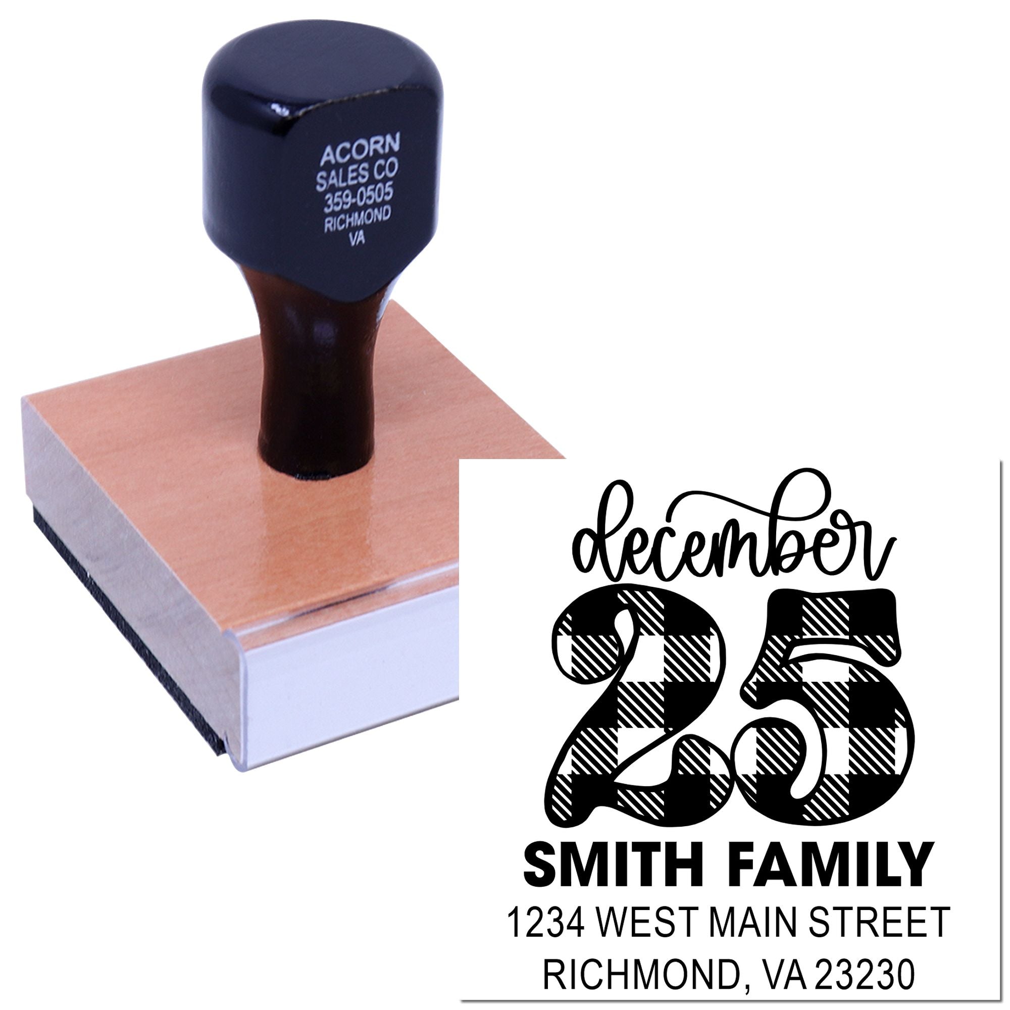 Custom rubber return address stamp with December 25 holiday design for Smith Family, Richmond, VA mailing envelopes.