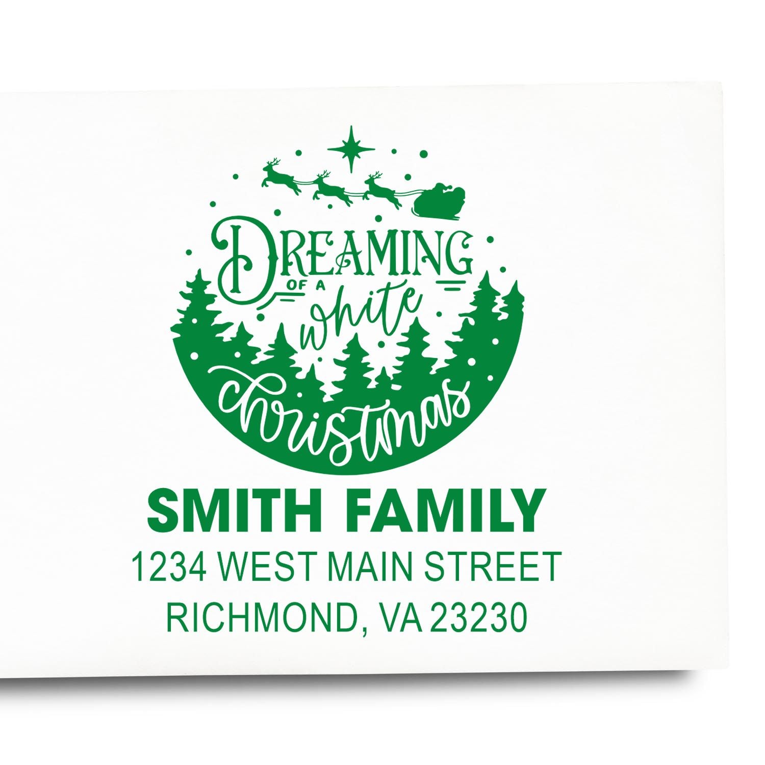 Custom Christmas return address rubber stamp with Dreaming of a White Christmas design for Smith Family, Richmond, VA.