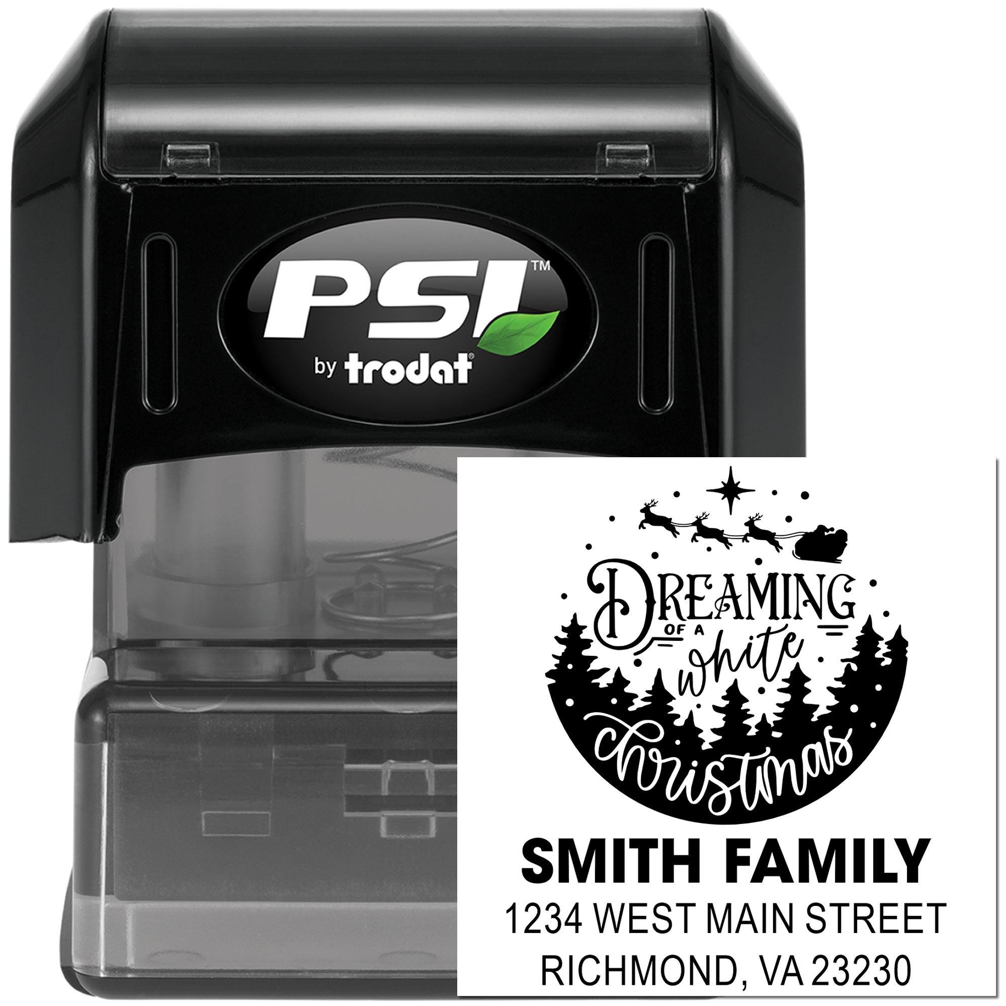 Custom self-inking rubber stamp for holiday return addresses, featuring a Christmas family design and Smith family address.
