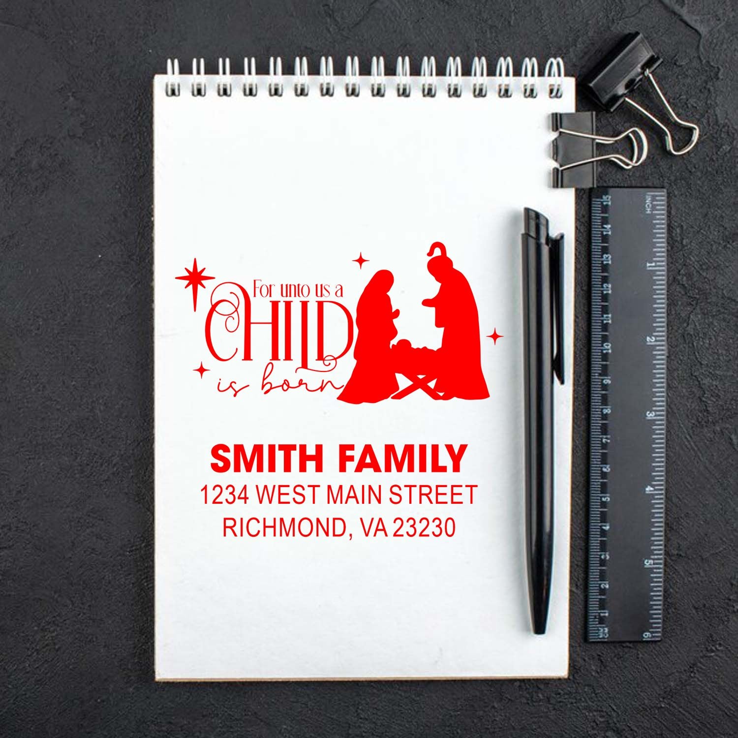 Custom Christmas rubber stamp with nativity silhouette and return address for holiday cards.