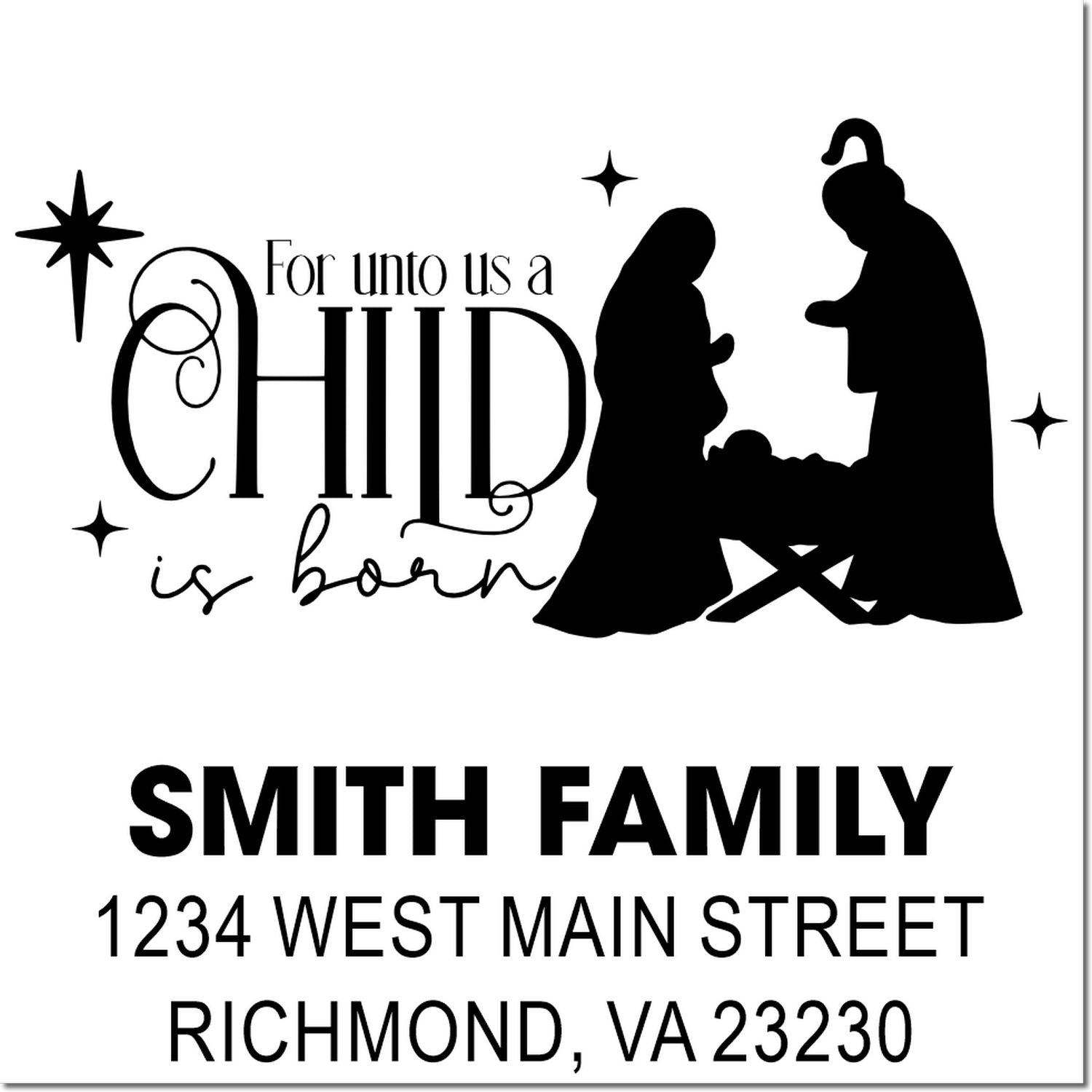 Custom Christmas return address rubber stamp with nativity scene and personalized Smith family address, Richmond, VA.
