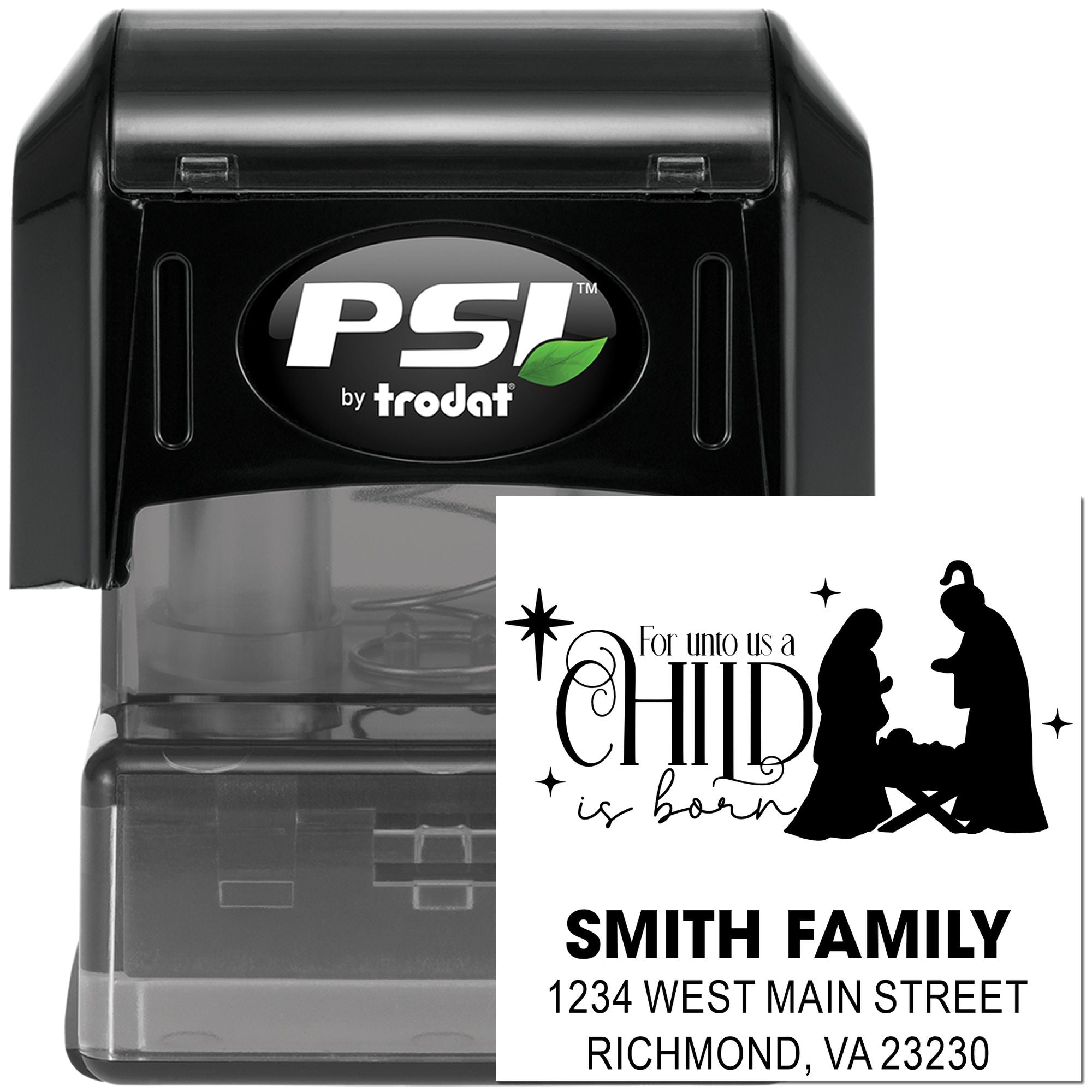 Custom self-inking rubber stamp by PSI Trodat with nativity design, Smith family name, and return address for Christmas cards.