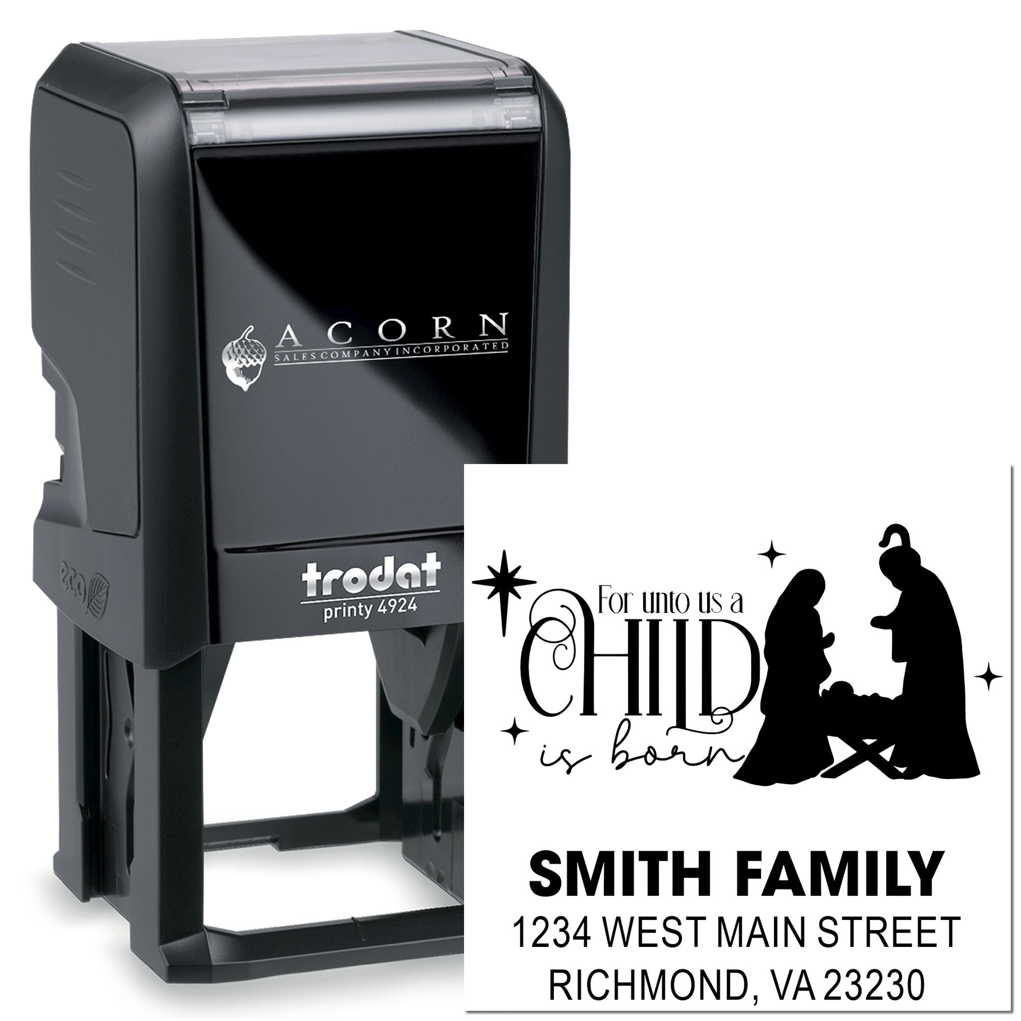Trodat self-inking rubber stamp showing a custom nativity return address design for Smith family holiday cards