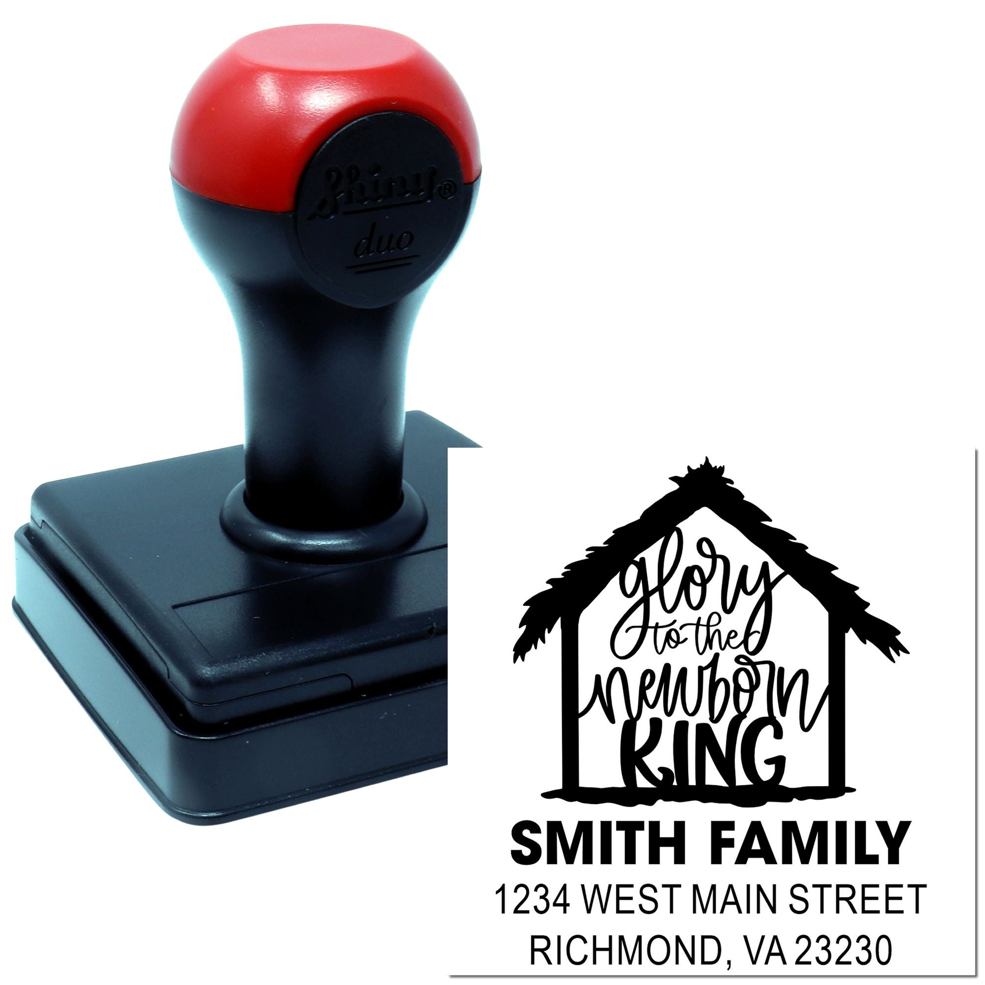 Personalized self-inking rubber stamp with Glory to the Newborn King design and Smith family address for Christmas cards.