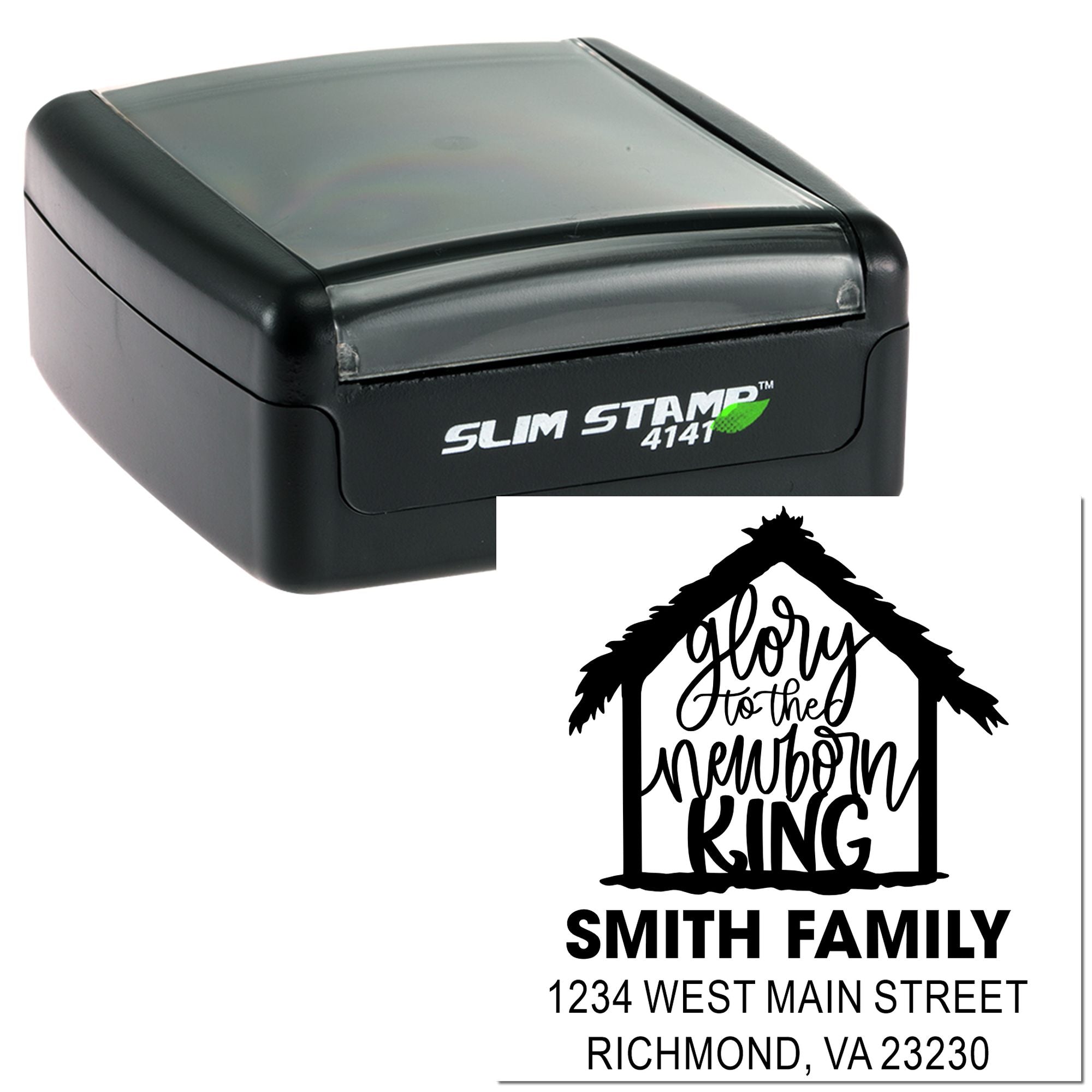 Custom self-inking rubber stamp for personalized holiday address labels, featuring a Glory to the Newborn King design.