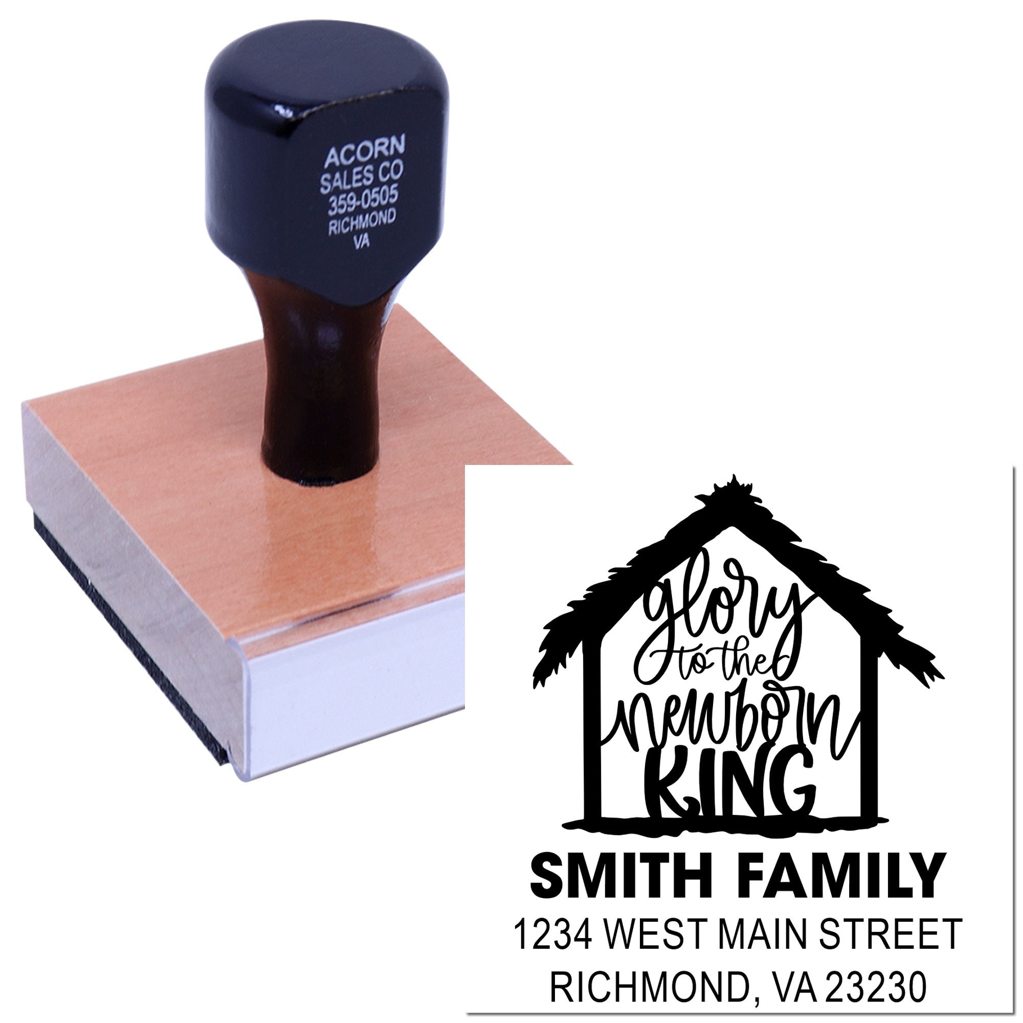 Custom family address rubber stamp with Glory to the Newborn King design for holiday cards, gifts, and packaging.