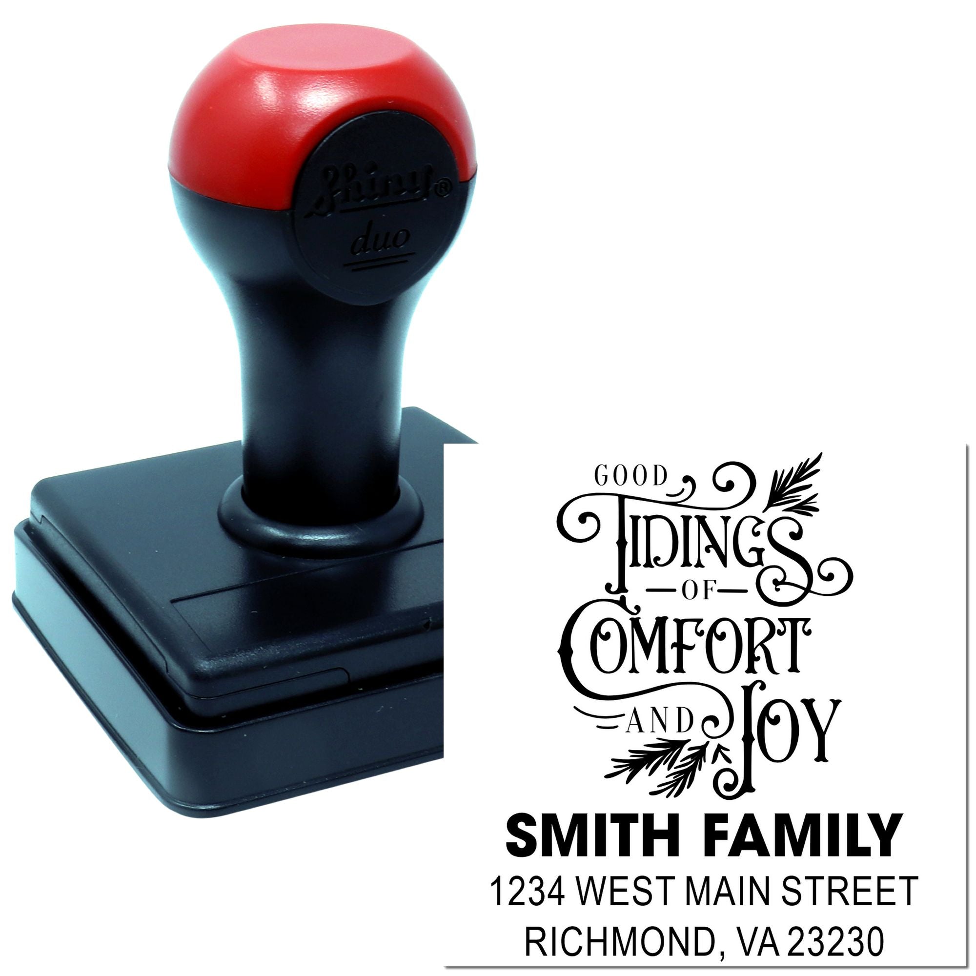 Custom self-inking rubber address stamp with holiday message, Smith family name, and address for personalized mailings.