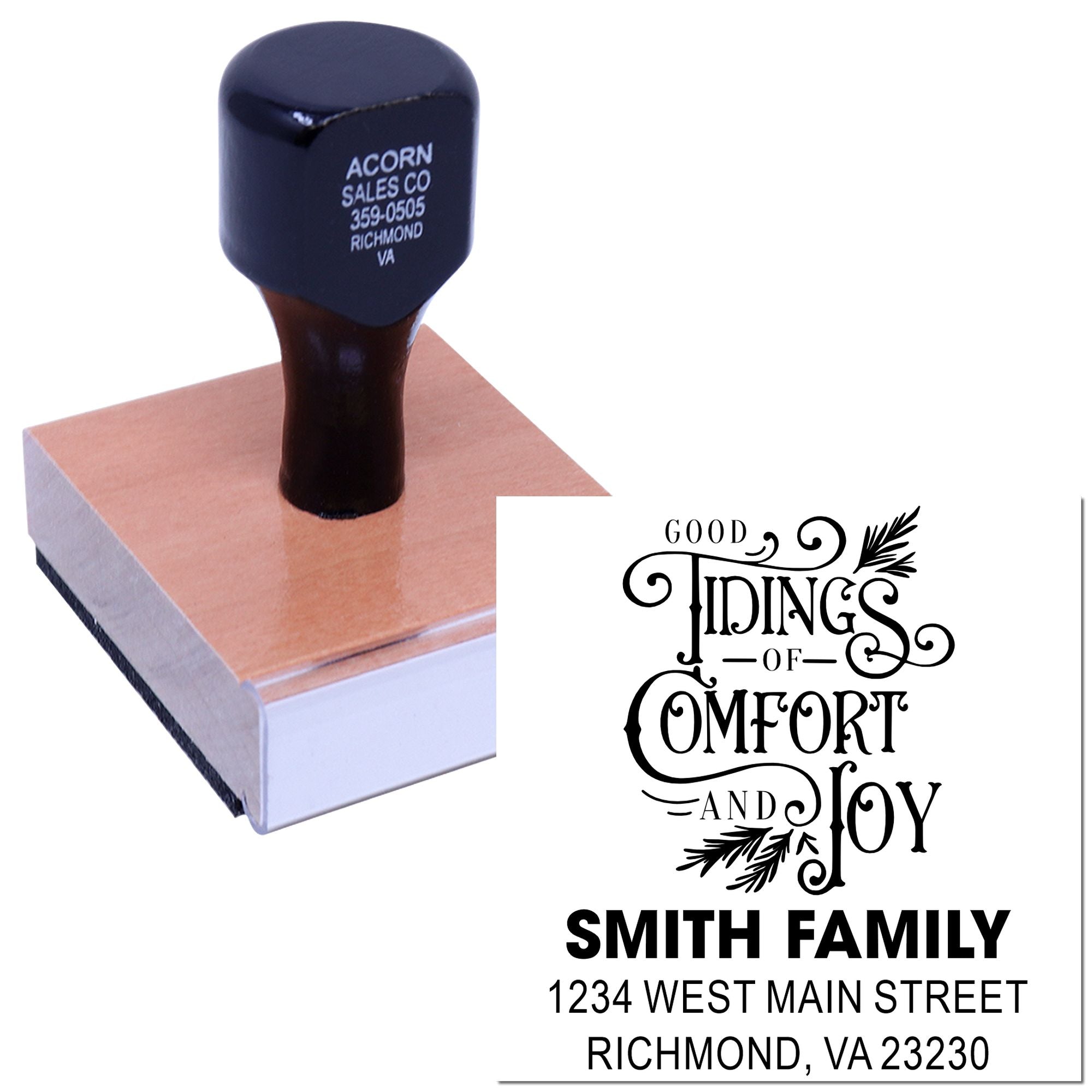 Custom holiday address rubber stamp with Good Tidings of Comfort and Joy for Smith Family return addressing.
