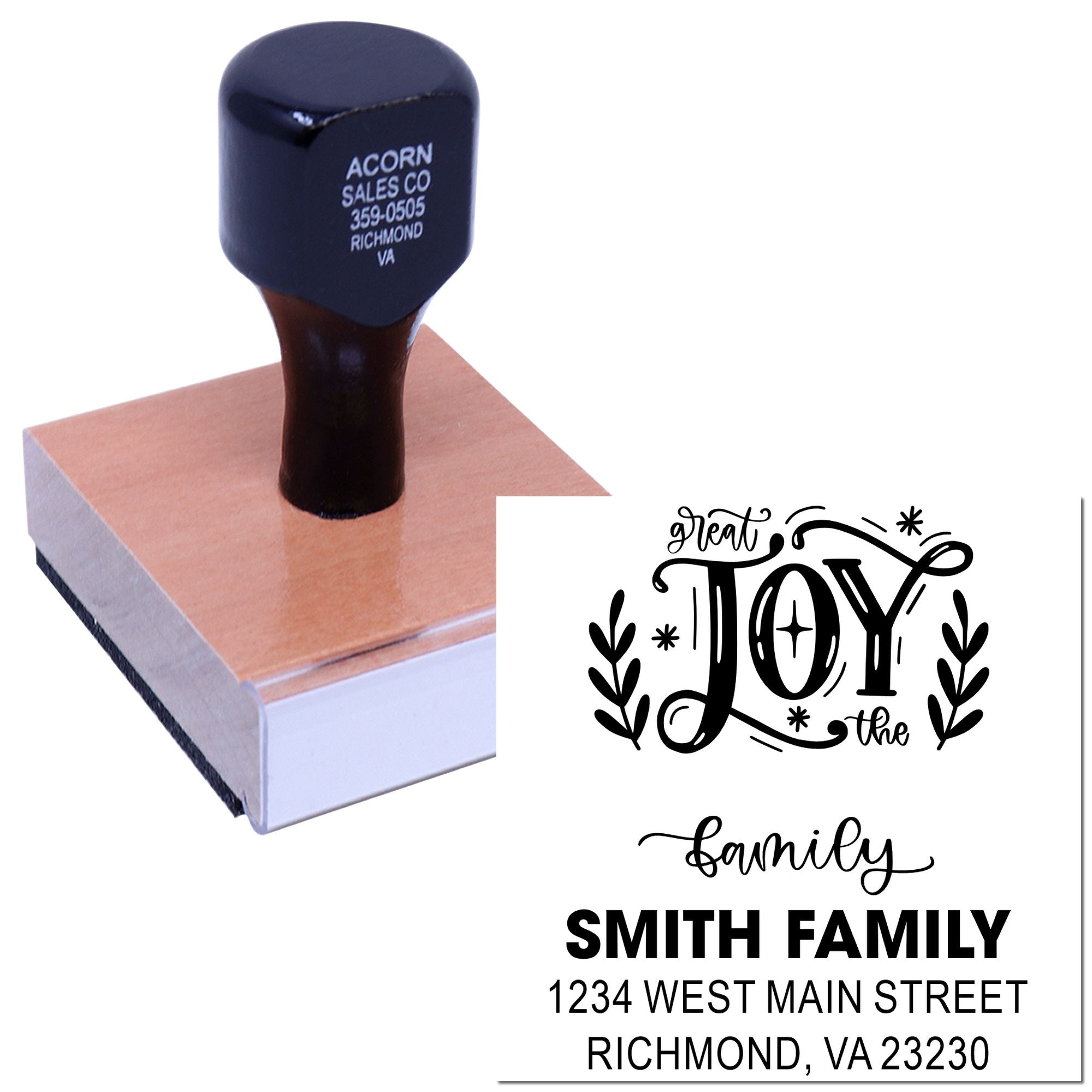 Custom family address rubber stamp with Great Joy design for Smith Family return address, Richmond, VA.