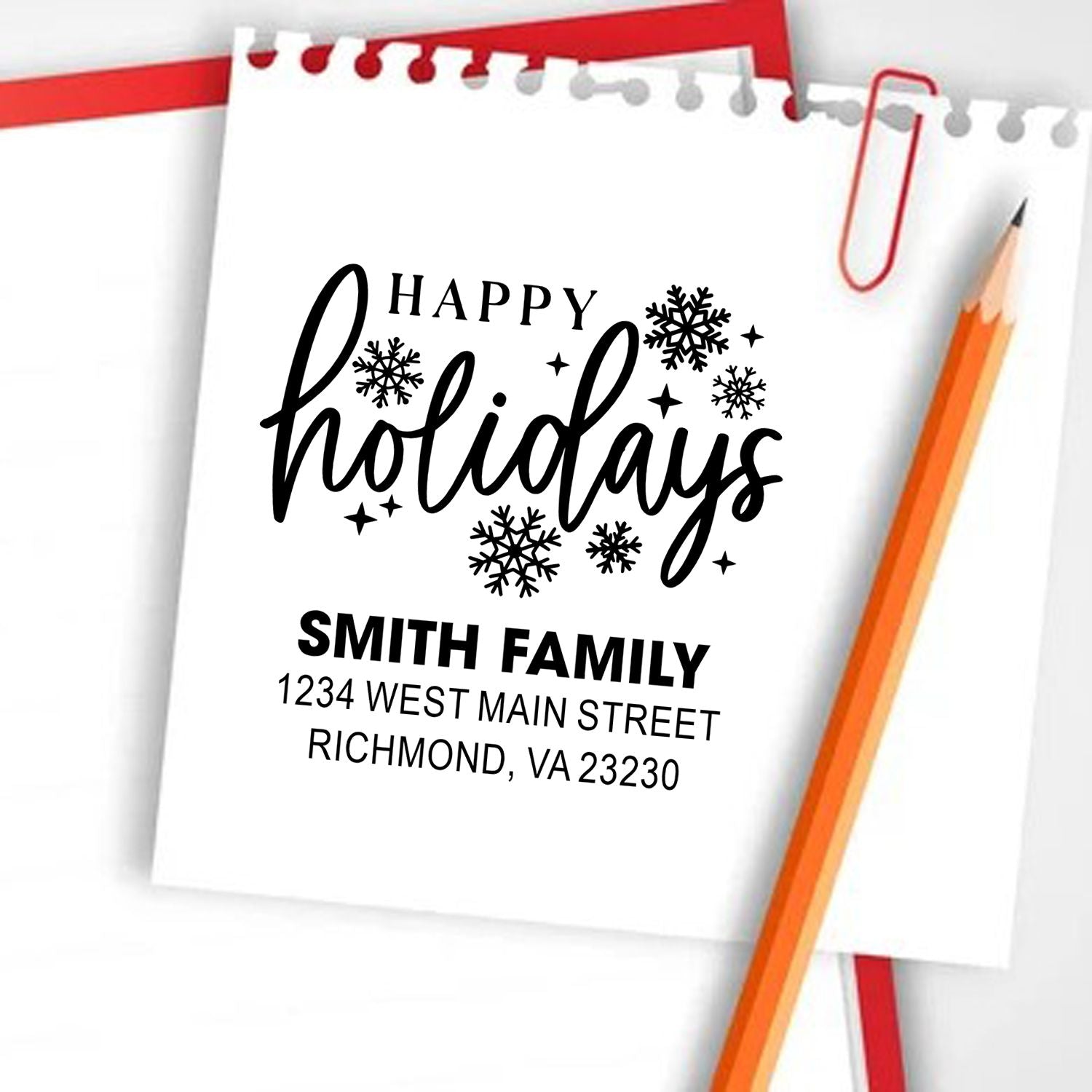 Personalized Happy Holidays rubber stamp with snowflakes, Smith Family name, and return address for holiday cards.