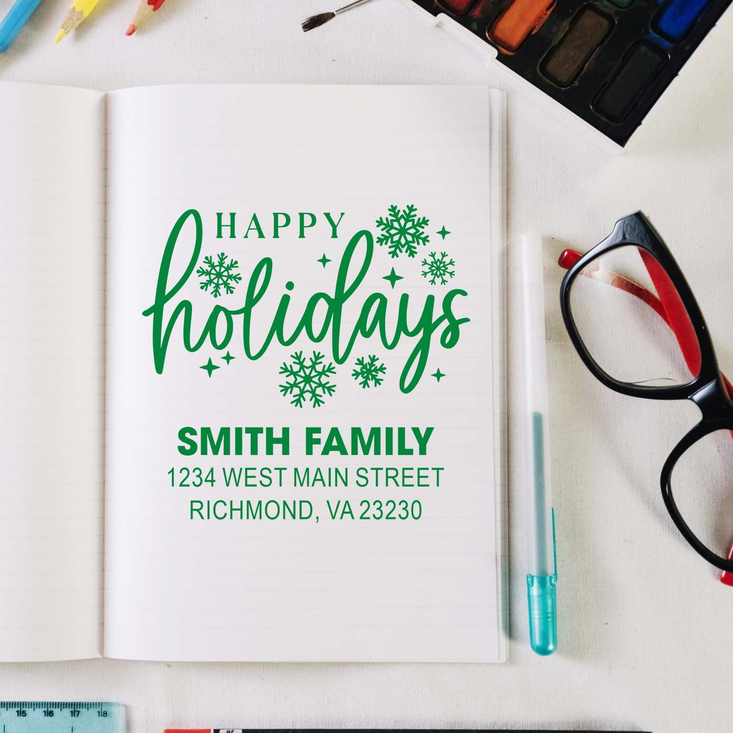 Custom holiday return address rubber stamp design with Happy Holidays, snowflakes, and Smith Family Richmond, VA address.