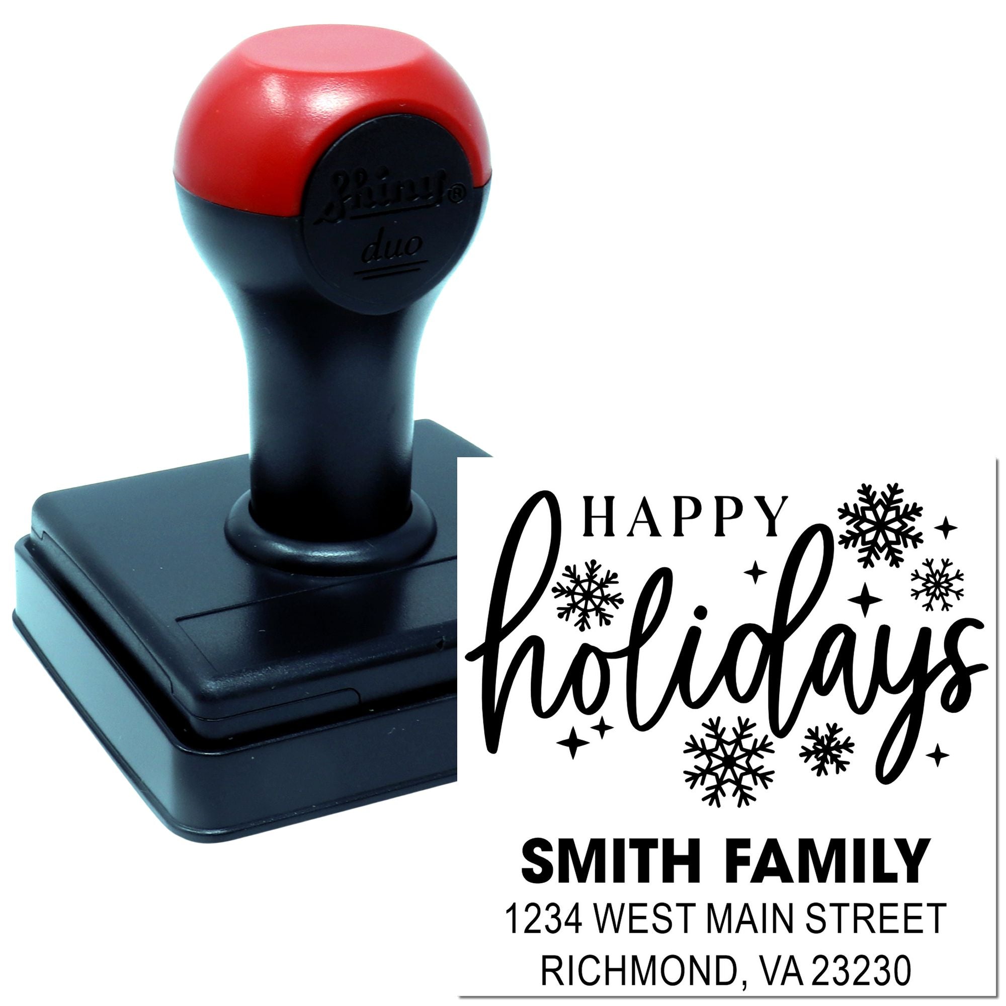 Custom self-inking holiday return address rubber stamp with Happy Holidays design, snowflakes, Smith Family, Richmond, VA.
