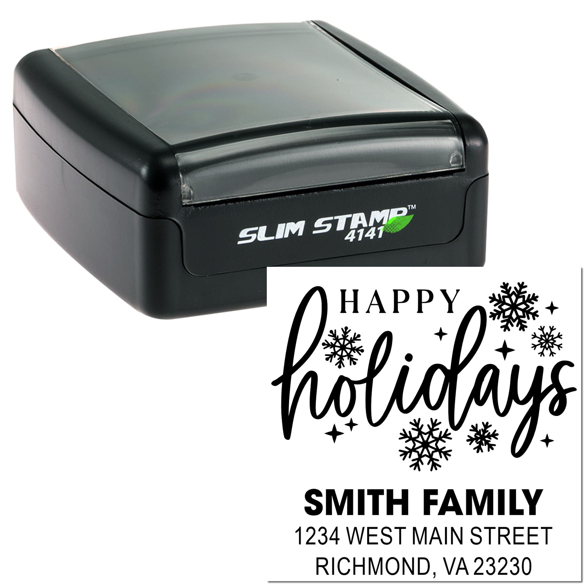 Custom self-inking holiday address rubber stamp with Happy Holidays design, snowflakes, and Smith family return address