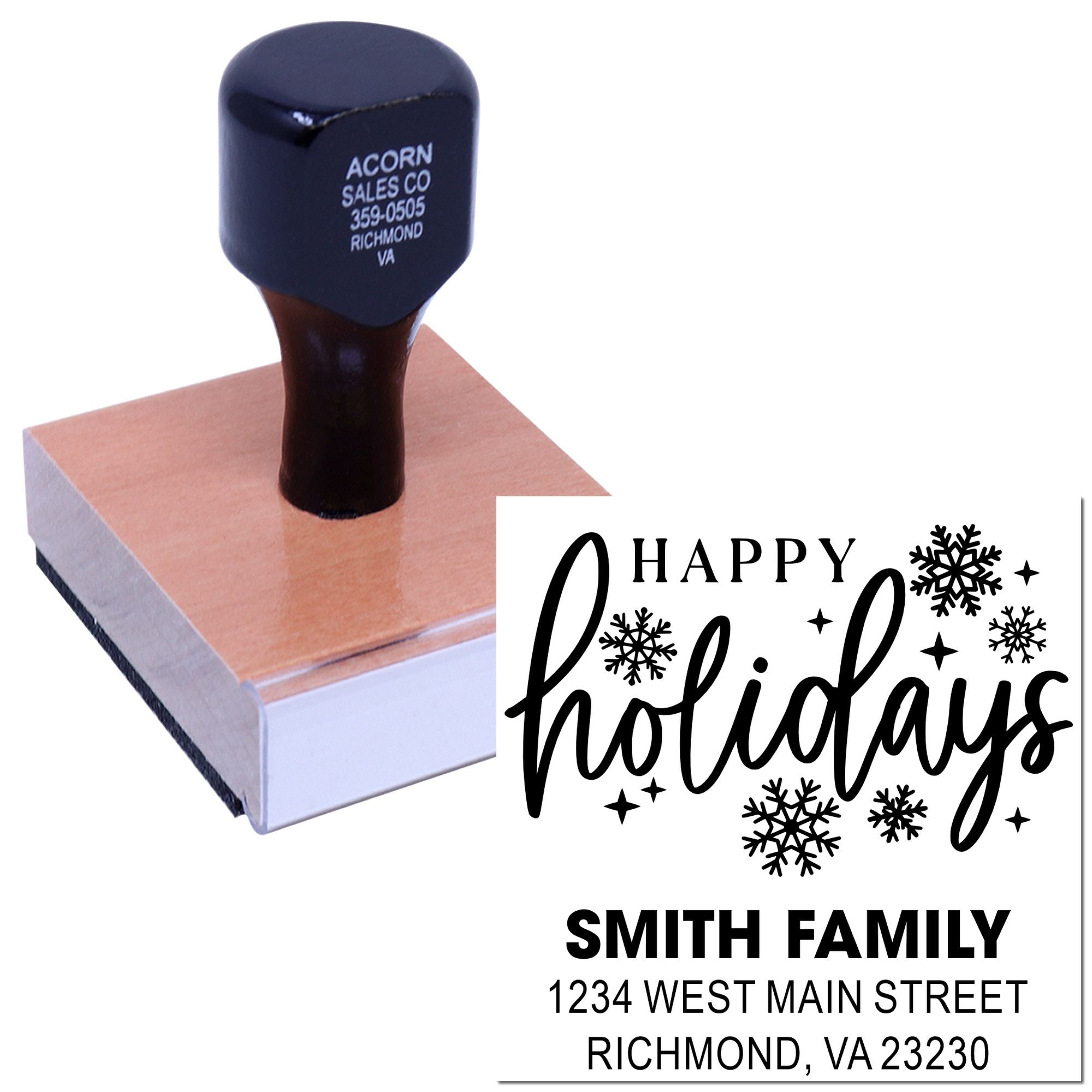 Custom holiday address rubber stamp with Happy Holidays snowflake design for Christmas cards and family stationery.