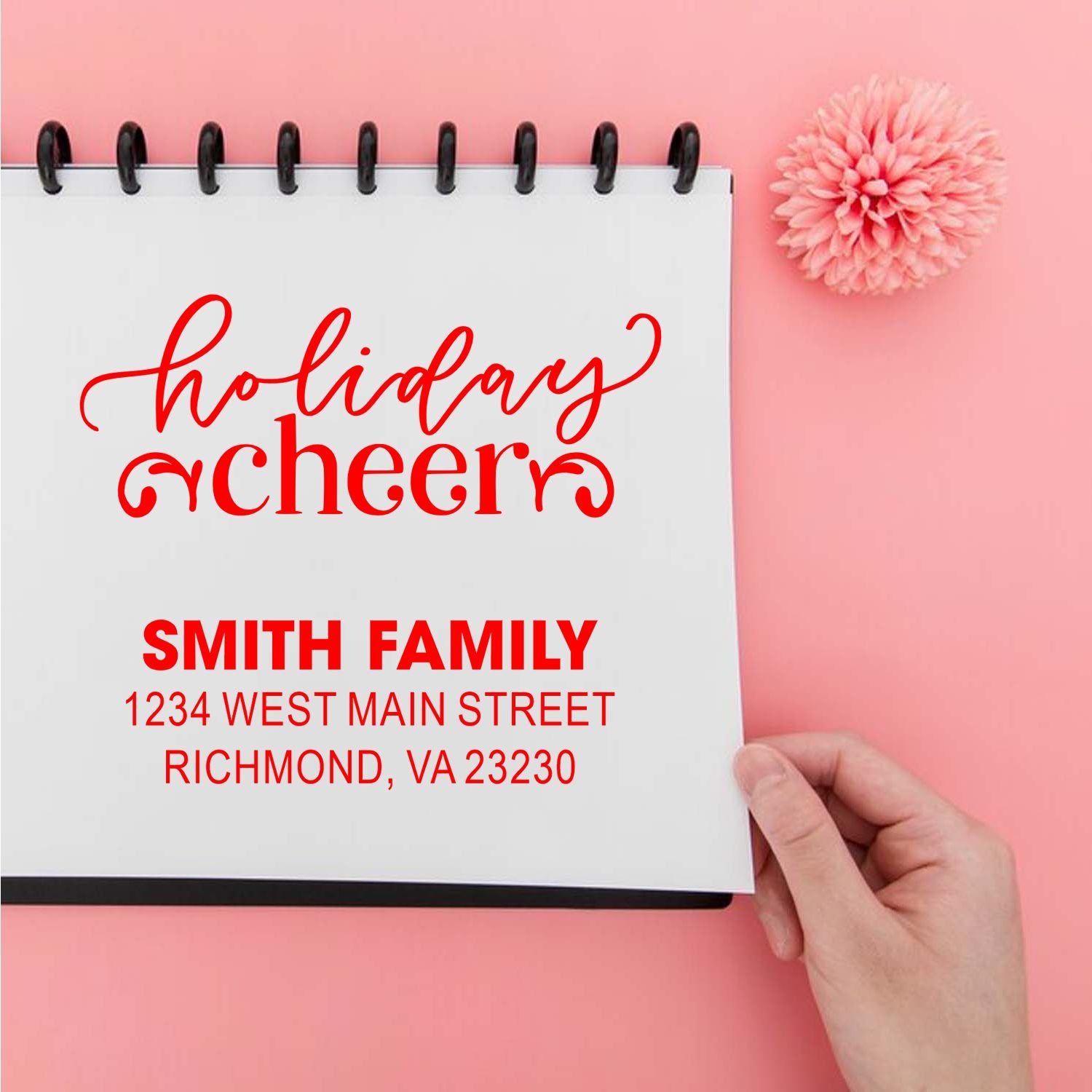 Custom holiday return address rubber stamp for the Smith Family, featuring festive holiday cheer text and Richmond, VA address.