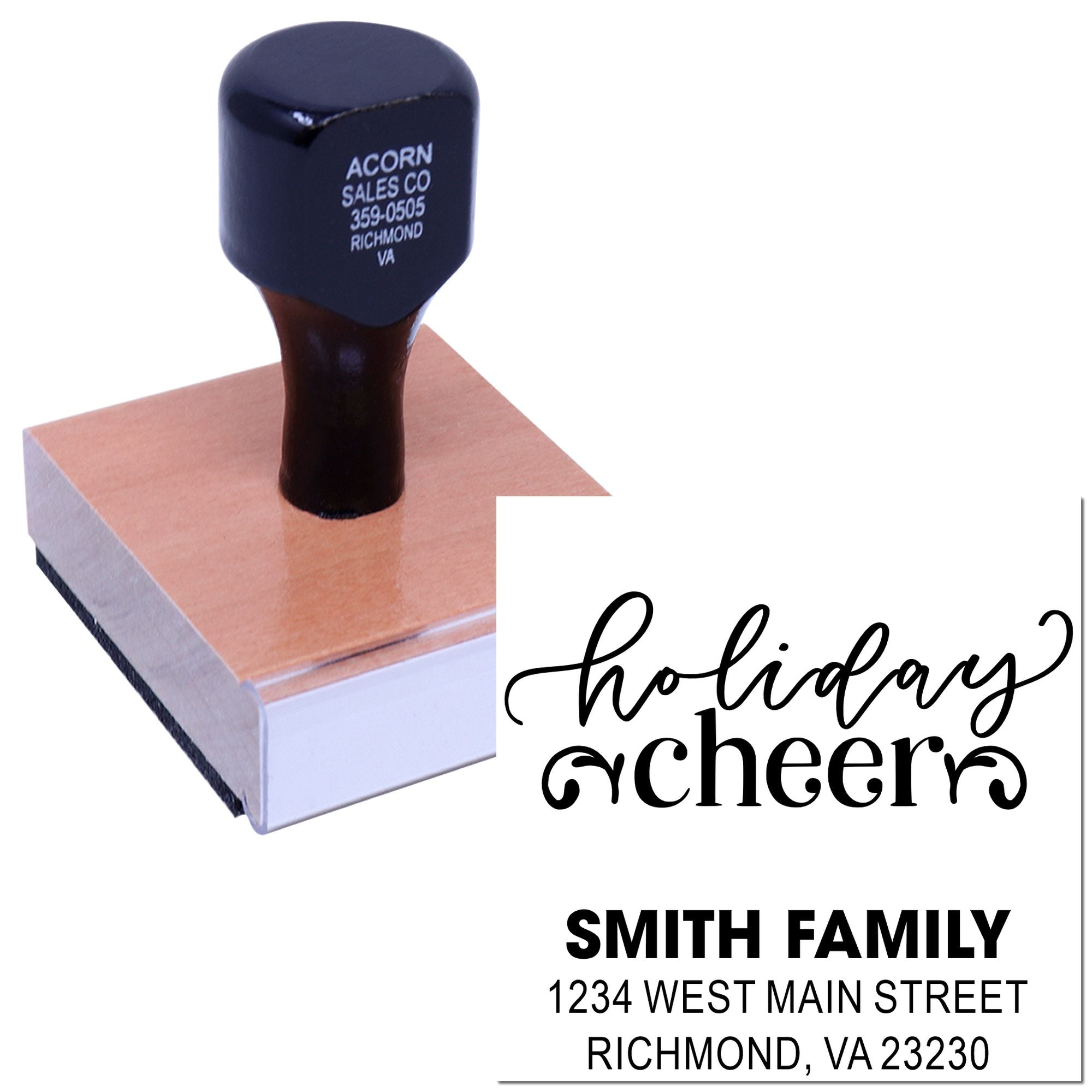 Personalized rubber stamp for holiday cards, featuring Smith Family return address and festive holiday cheer lettering.