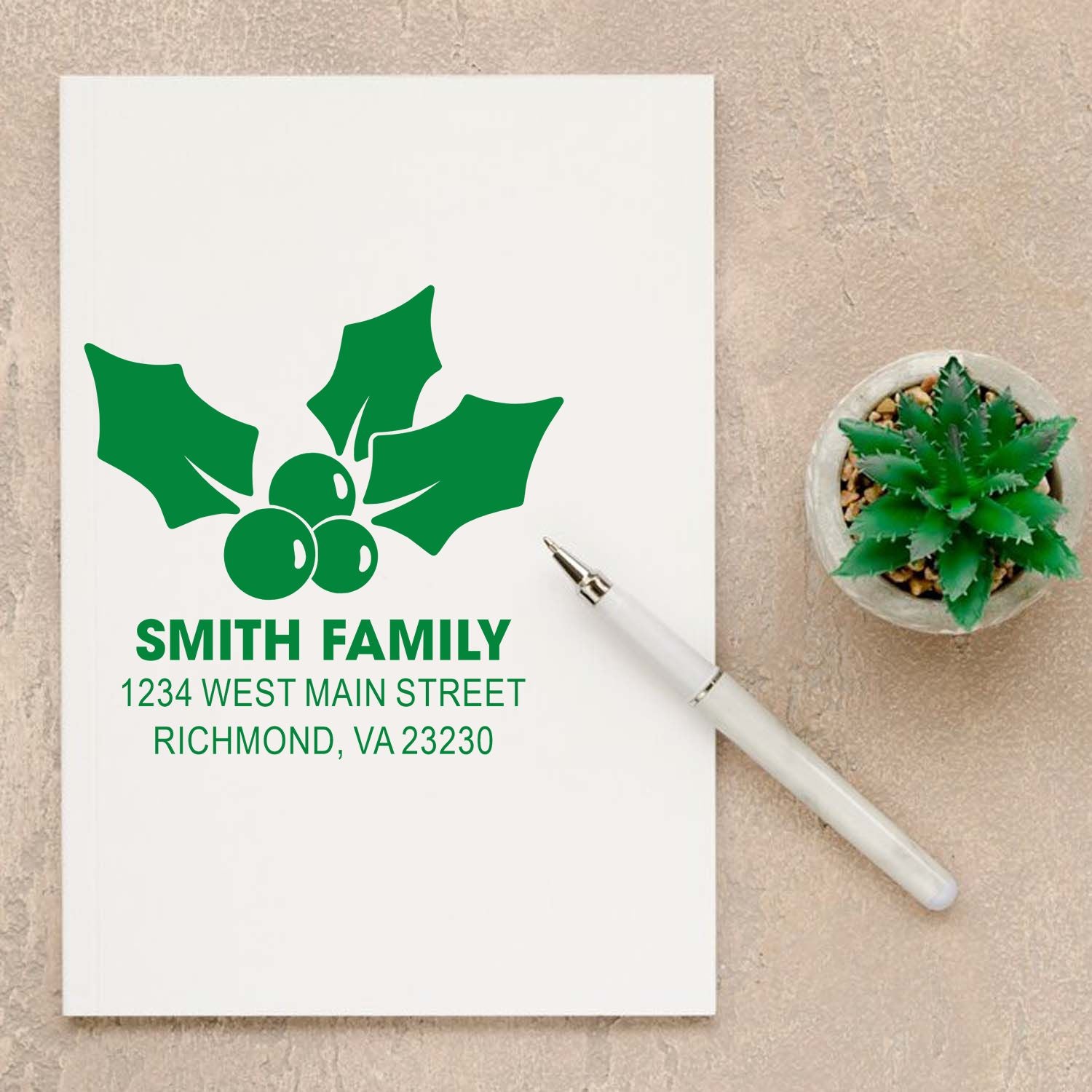 Personalized Christmas return address rubber stamp with holly design, Smith Family name, and Richmond, VA address