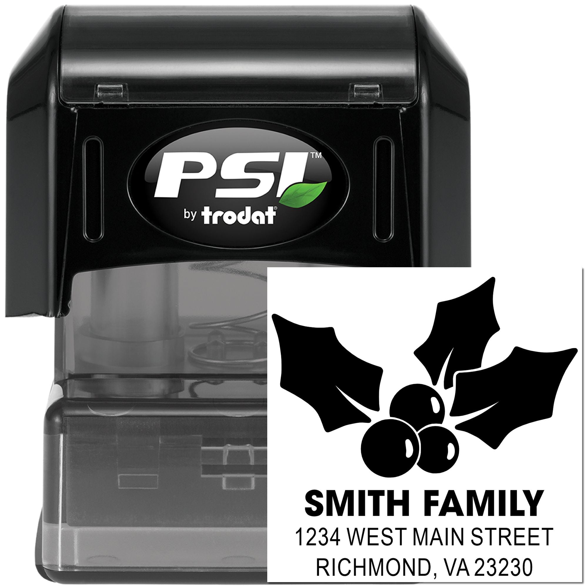 PSI by Trodat self-inking rubber stamp, custom return address stamp with holiday holly design for Smith Family mailings.