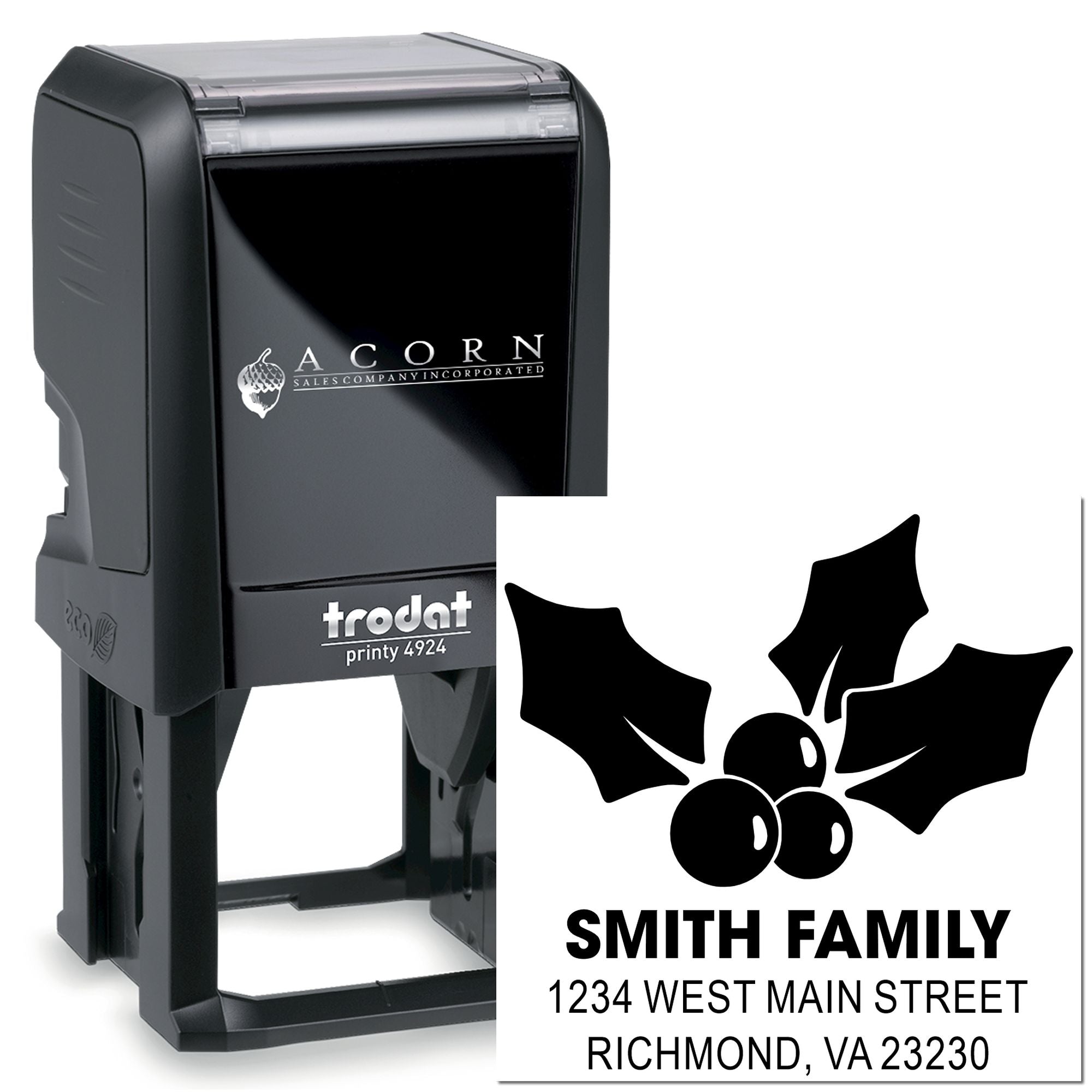Custom self-inking address rubber stamp for family mailings with holly design and return address.