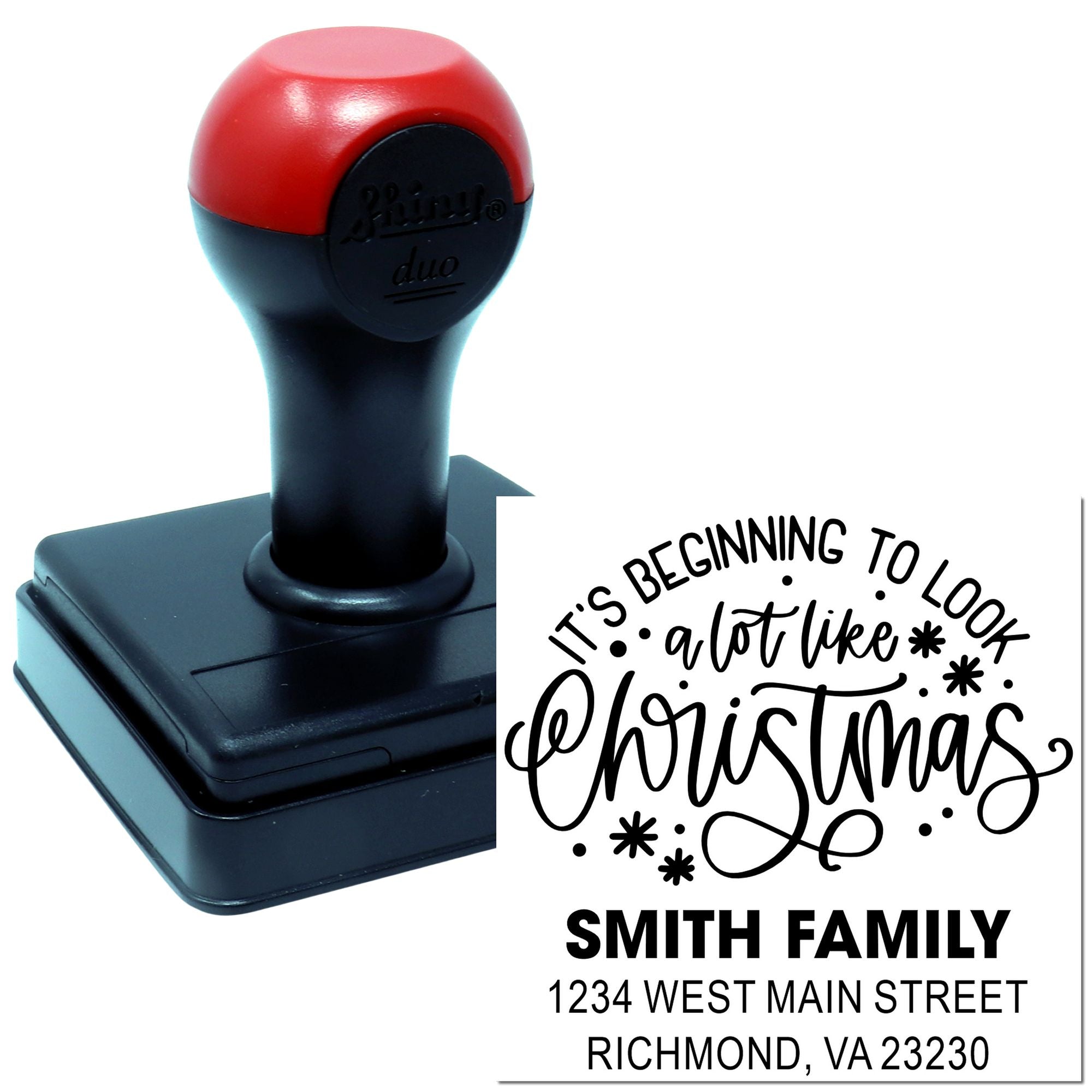 Custom Christmas address rubber stamp for Smith family with festive Its Beginning to Look a Lot Like Christmas design.