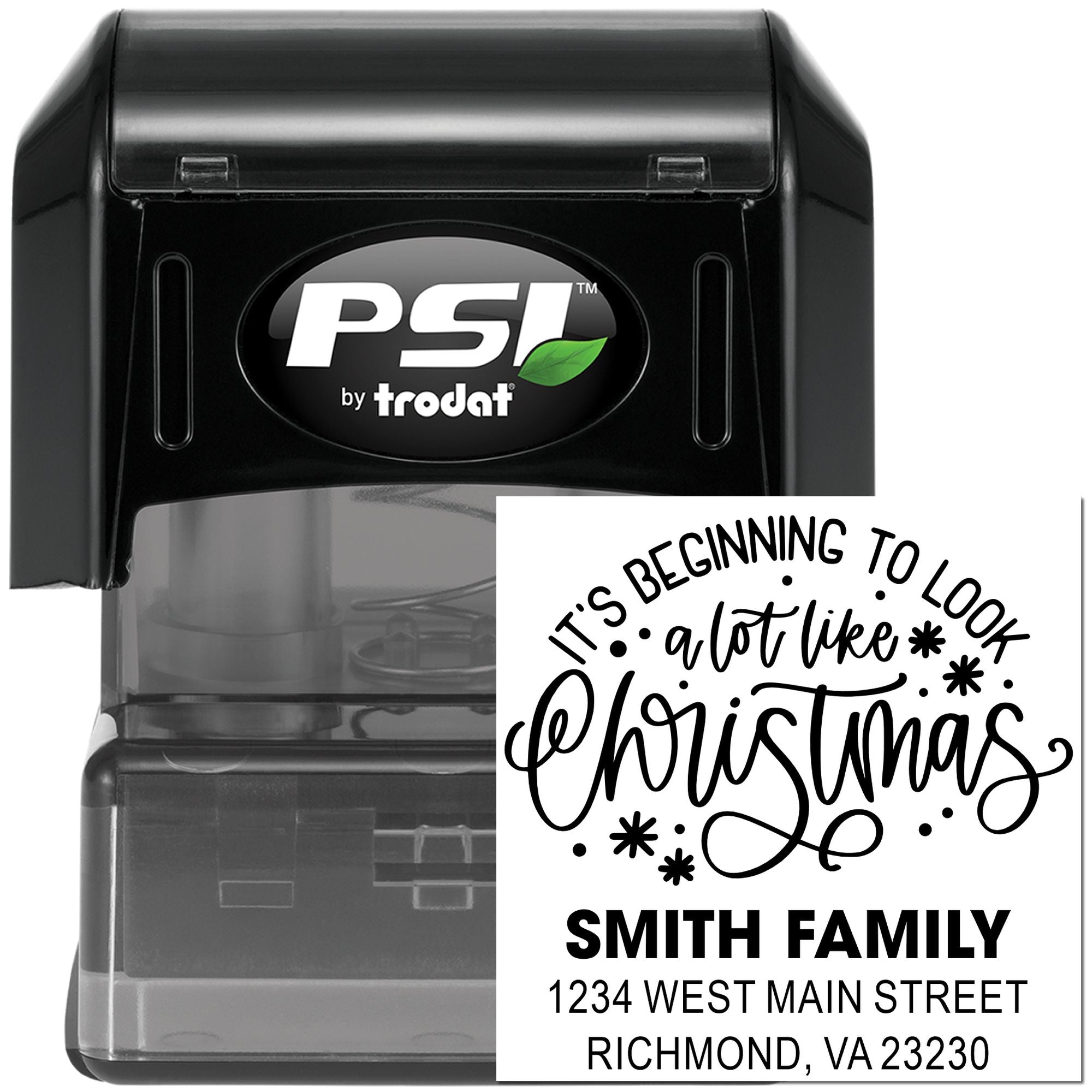 Custom Christmas return address rubber stamp, PSI by Trodat self-inking stamper with personalized family address
