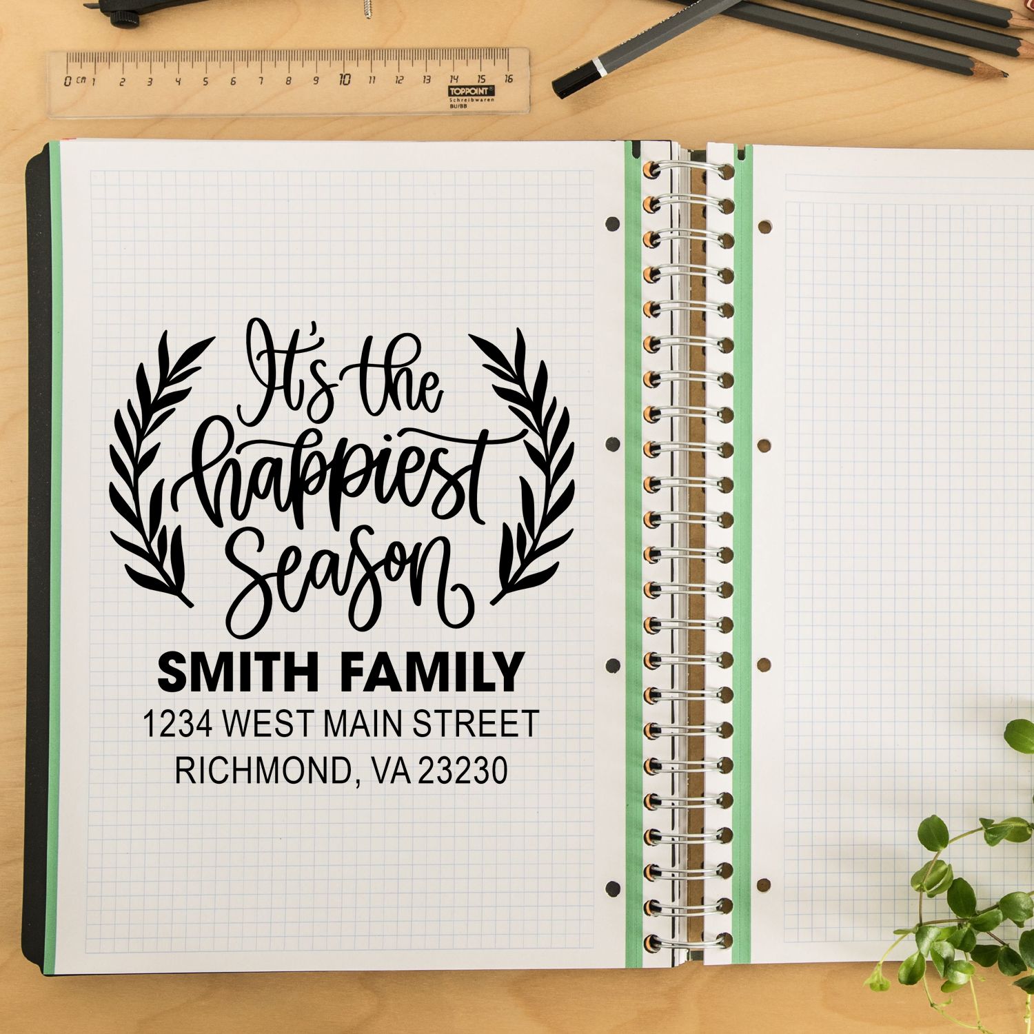 Custom rubber stamp design with Its the Happiest Season and Smith Family return address for holiday mailing.