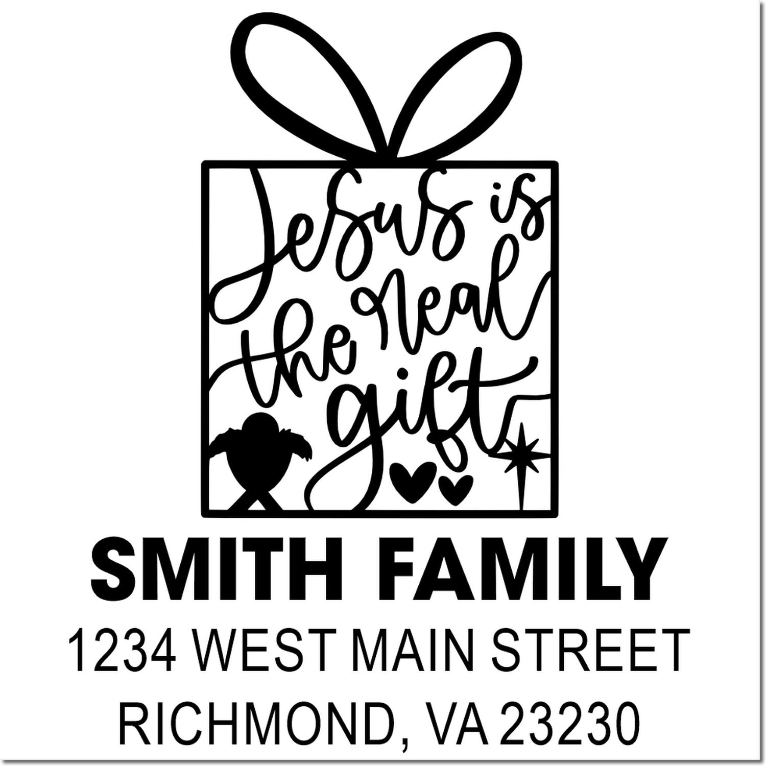 Custom holiday rubber stamp with gift icon and Jesus is the real gift, personalized for Smith family address.