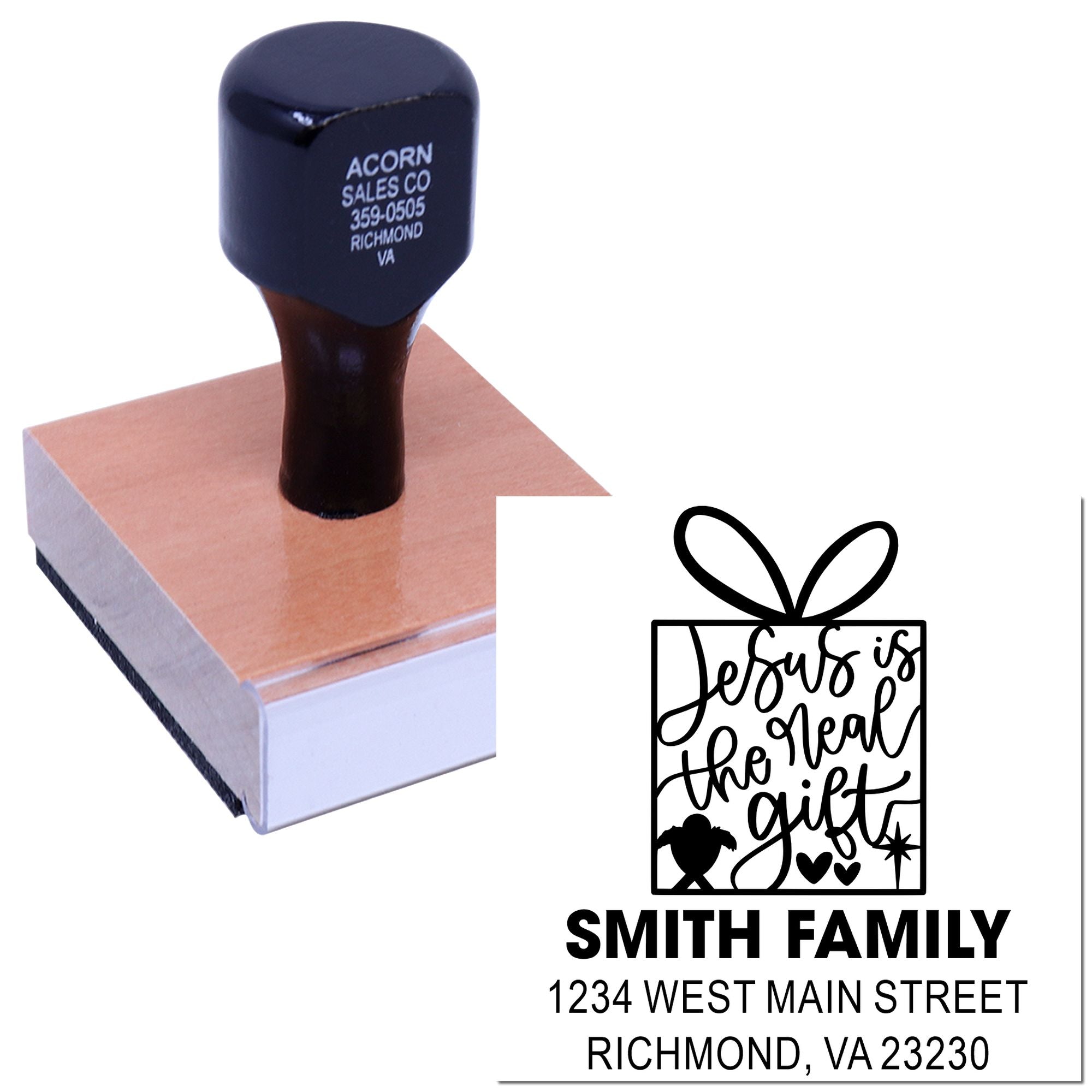 Custom rubber stamp showing a personalized family return address design with Jesus is the real gift holiday gift graphic.