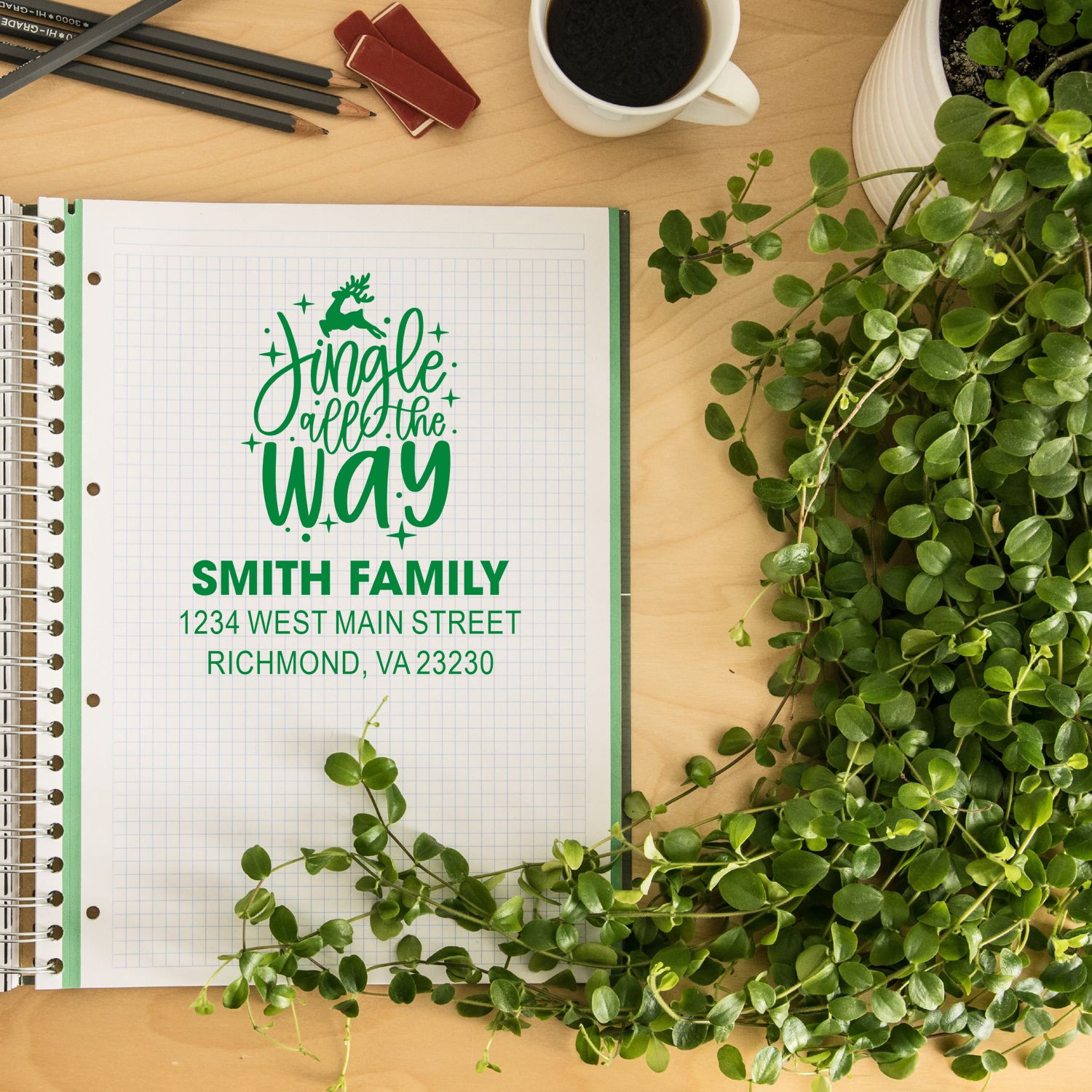 Custom holiday return address rubber stamp design reading Jingle all the way for the Smith family, Richmond, VA.