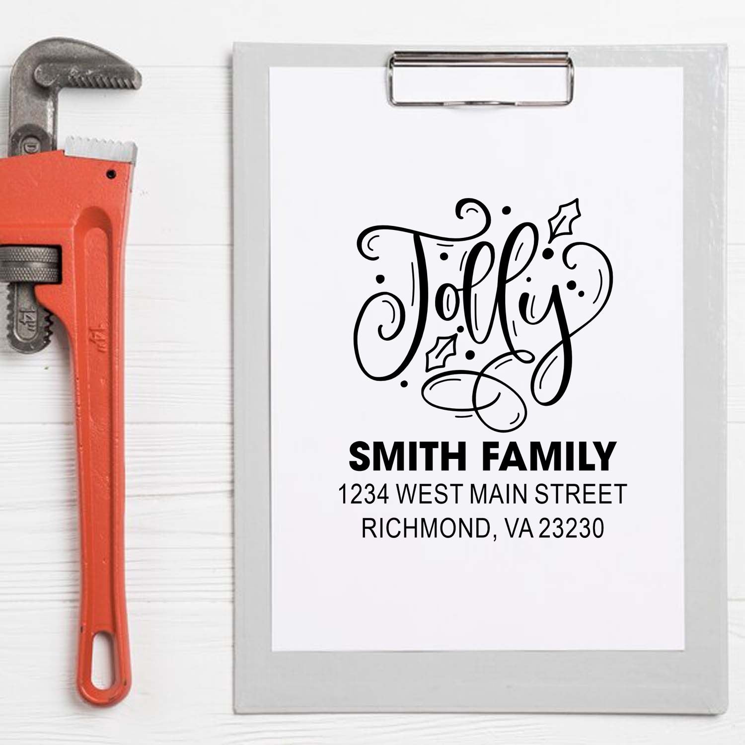 Custom return address rubber stamp design for Smith Family with festive script and Richmond, VA mailing address.