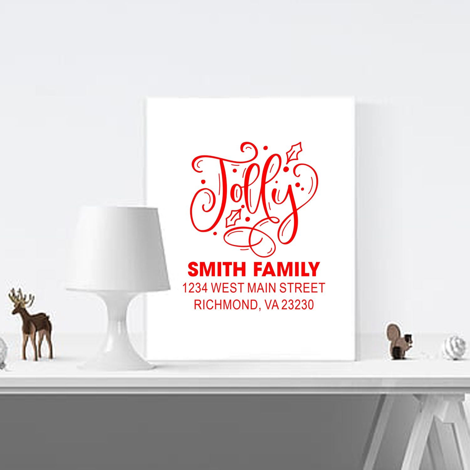 Custom Christmas address rubber stamp with Jolly Smith Family name and Richmond, VA address, red festive script design