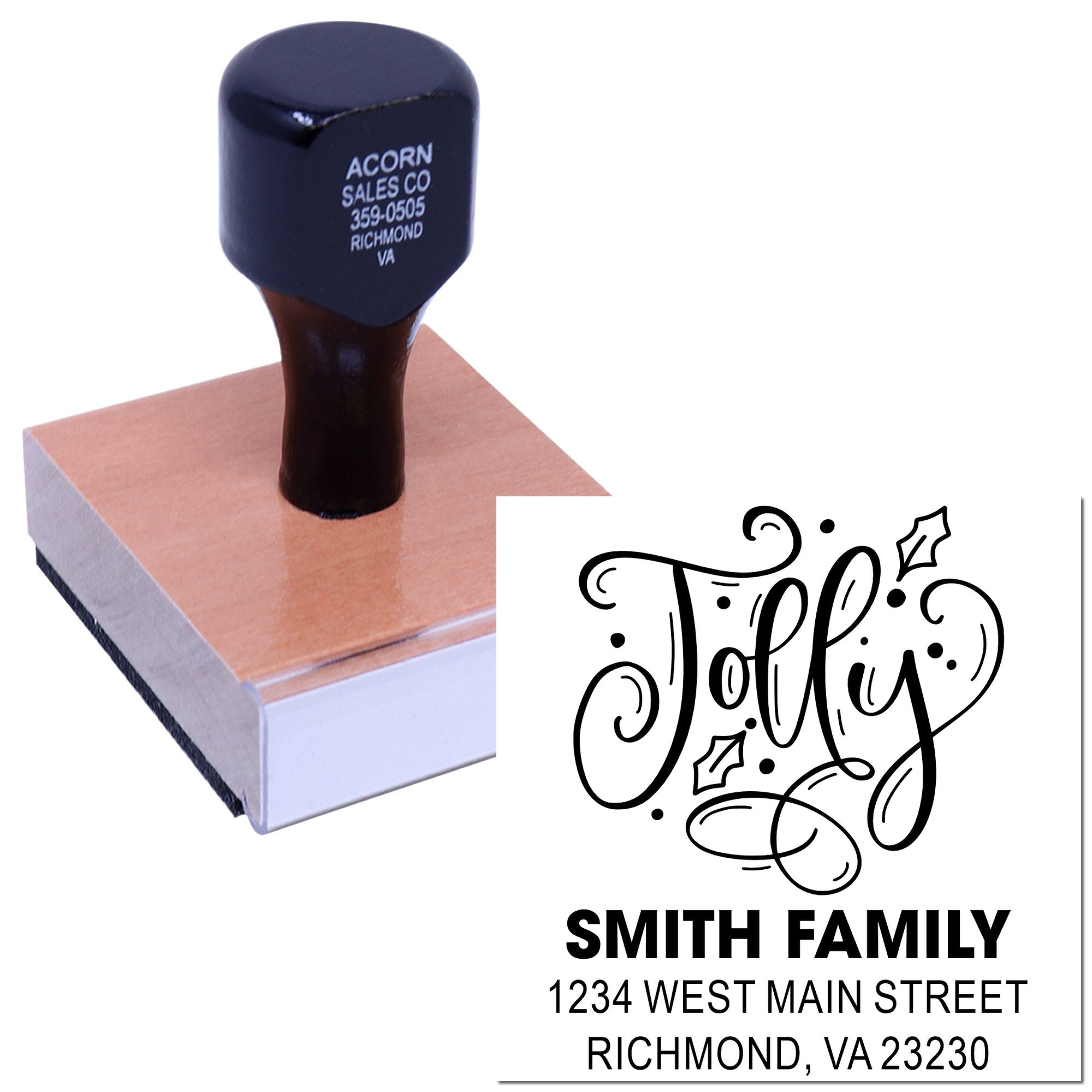 Custom holiday address rubber stamp with Jolly design for Smith family Christmas cards and envelopes.