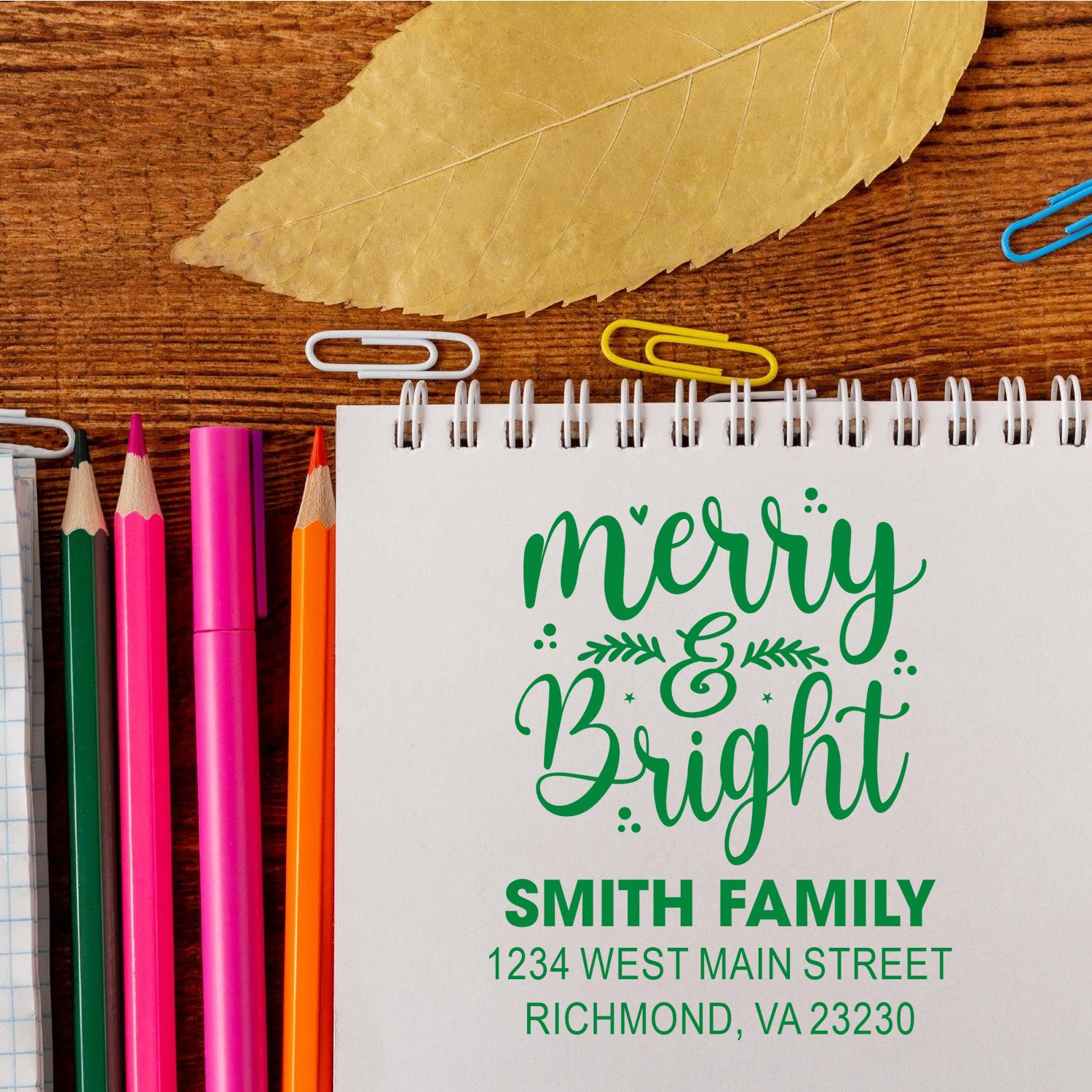 Personalized Merry & Bright holiday rubber stamp with Smith family return address for Christmas cards and festive mailings.
