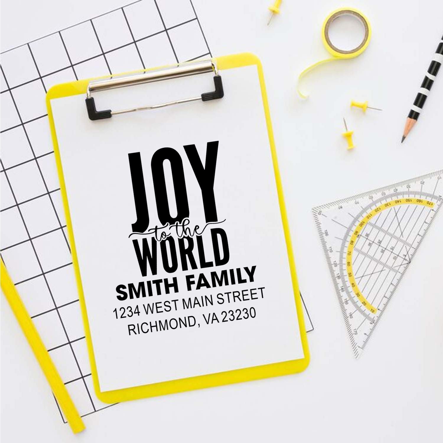 Personalized Joy to the World family address rubber stamp with Smith family name and Richmond, VA return address.